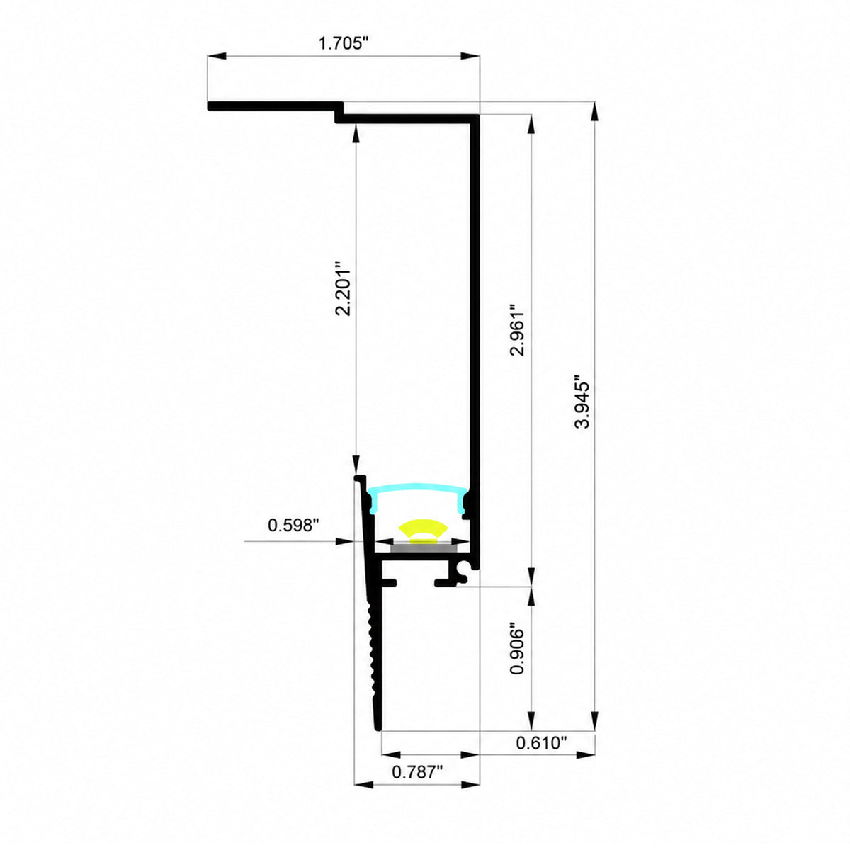 BN5620 plaster-in LED baseboard channel dimensions and profile drawing