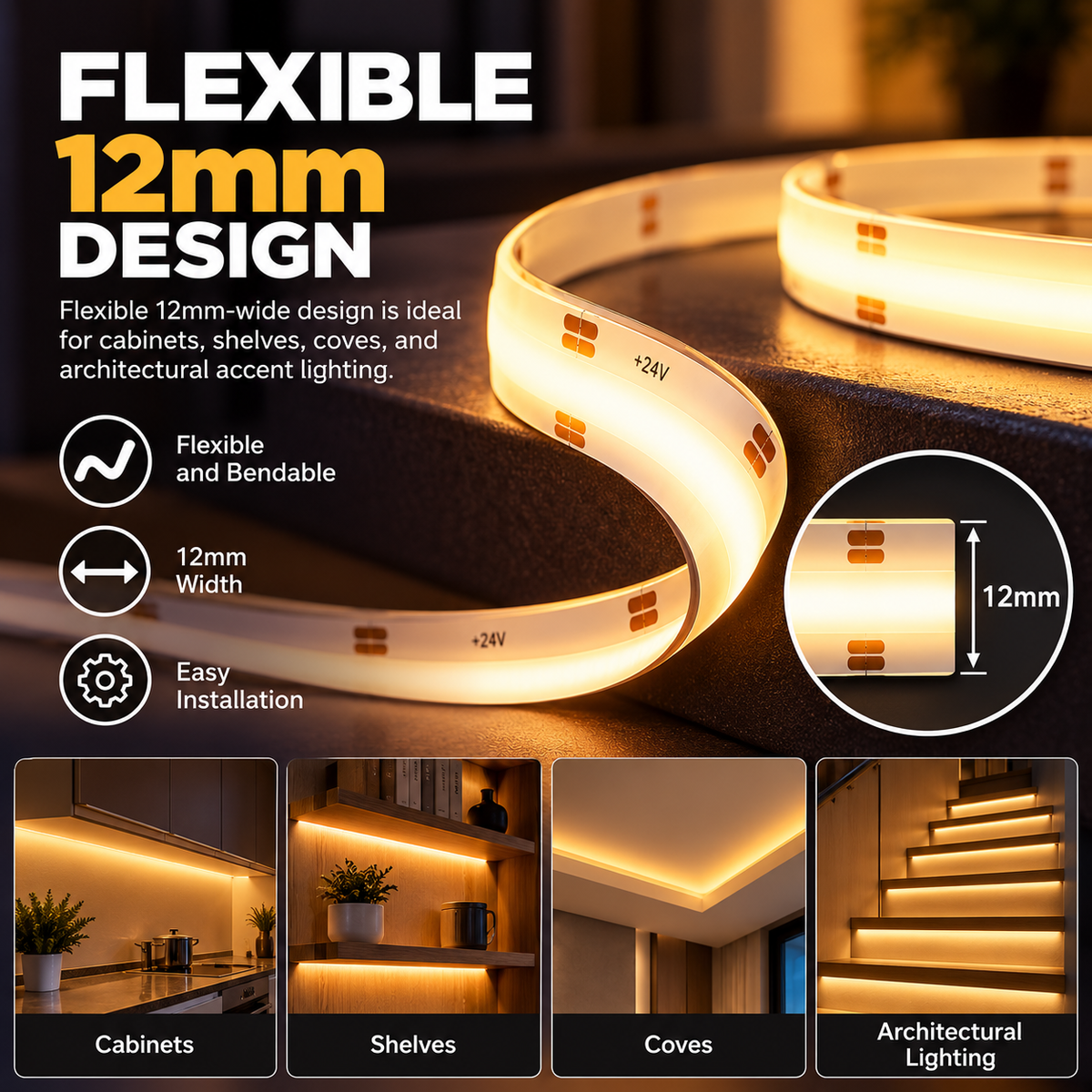 RGBW COB LED Strip Light – 24V, 12mm – Dimmable – 3000K & 5000K – Dotless –16.5ft, 48ft & 82ft - UL Certified – Indoor