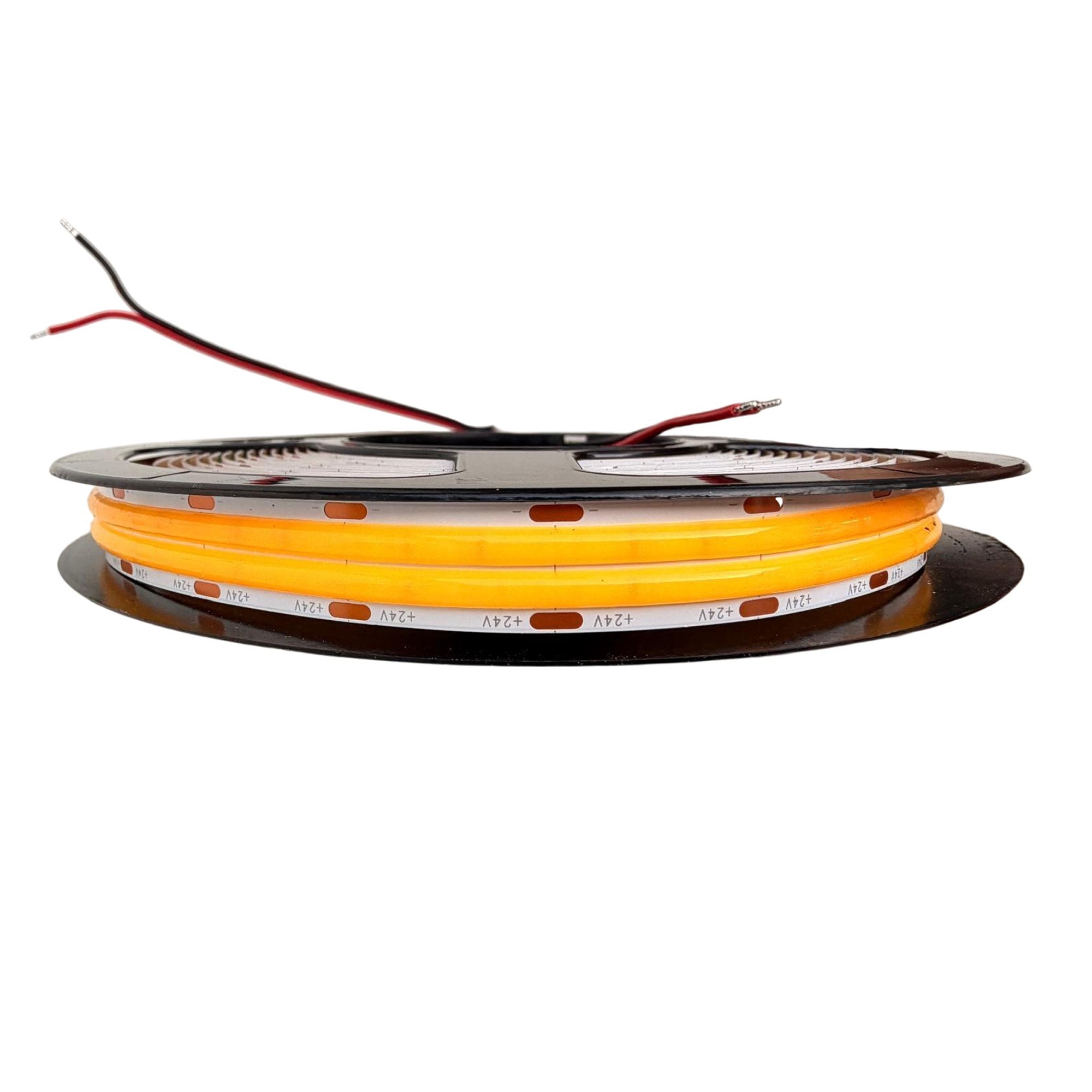 UL listed COB double row LED strip light 24V 12mm showing LED strip reel with power wires for indoor lighting installation