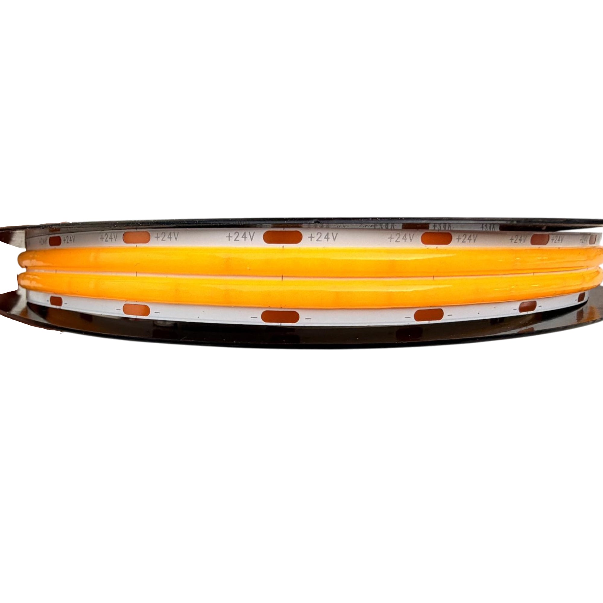 UL listed COB double row LED strip light 24V 12mm indoor showing flexible strip on reel with double row continuous lighting surface