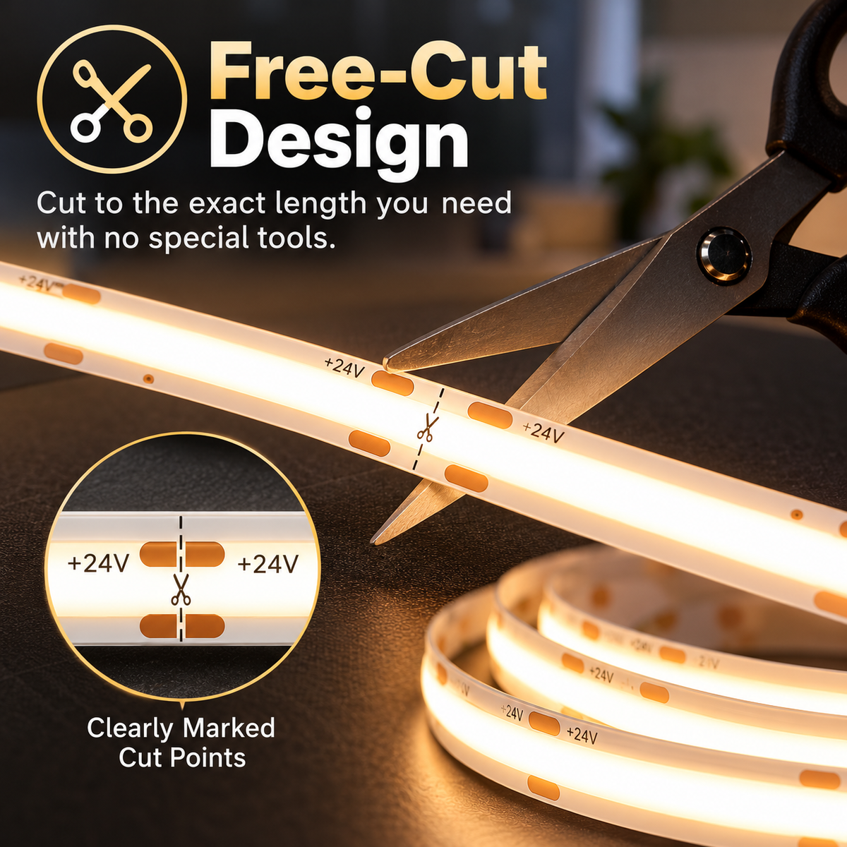 Cuttable & Free-Cut 8mm COB LED Strip Light – Dimmable – (27K, 3K, 4K, 5K), UL Certified, Indoor (IP20)