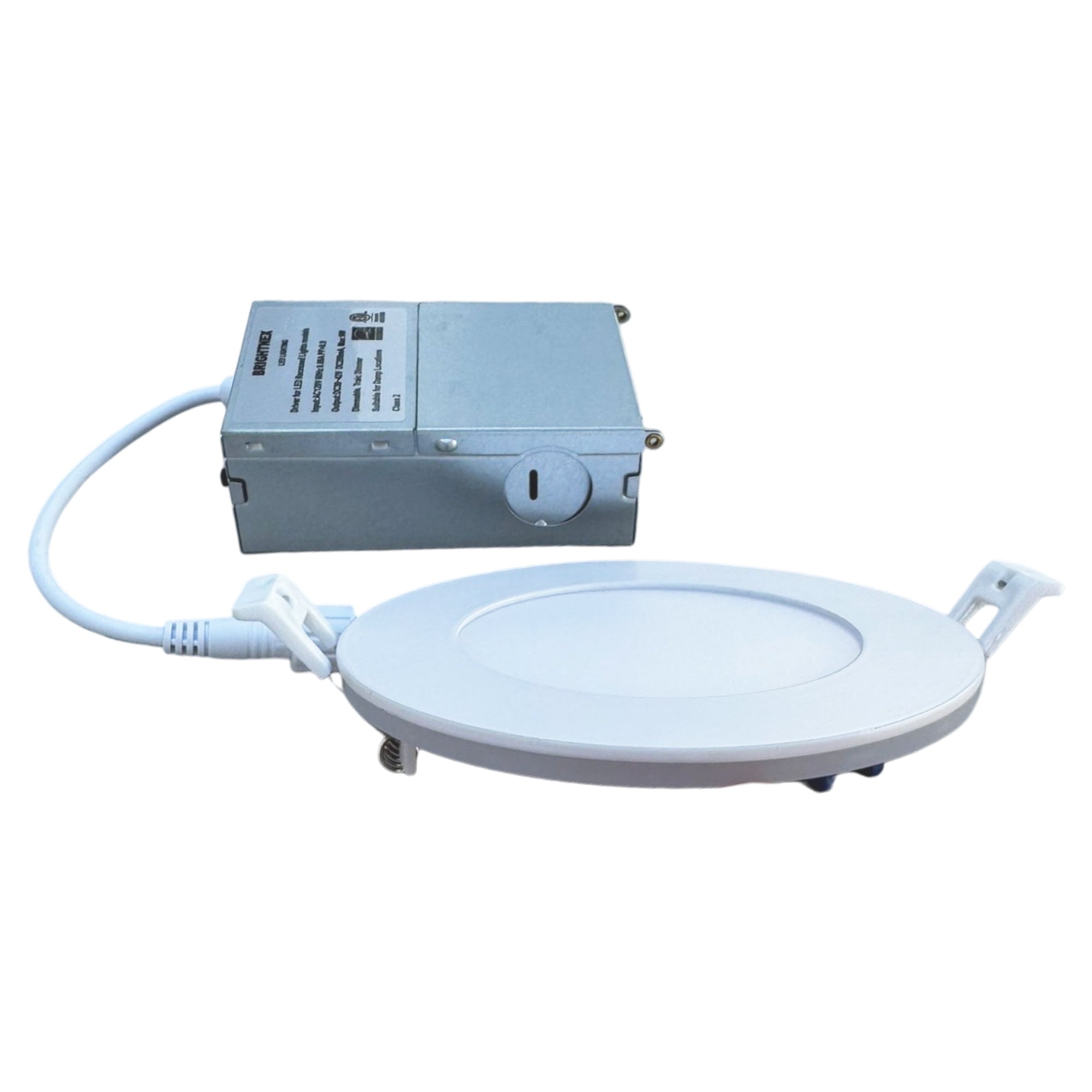 LED panel downlight back view showing integrated night light feature warm glow ring spring mounting clips and power connector