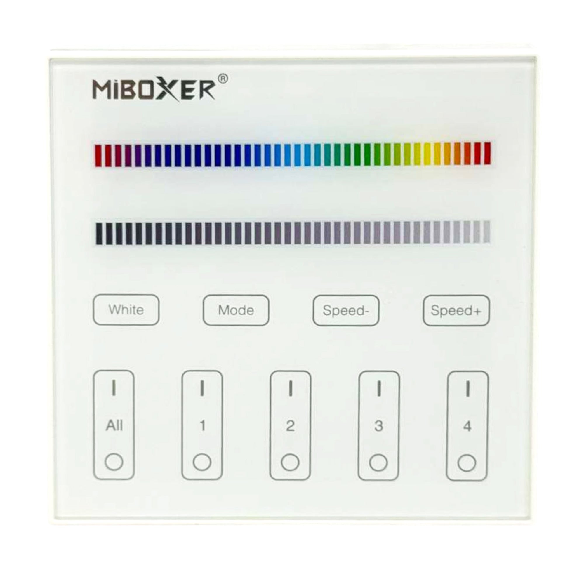 Miboxer B3 RGBW 4-zone touch panel wall remote controller front view with color selection bar