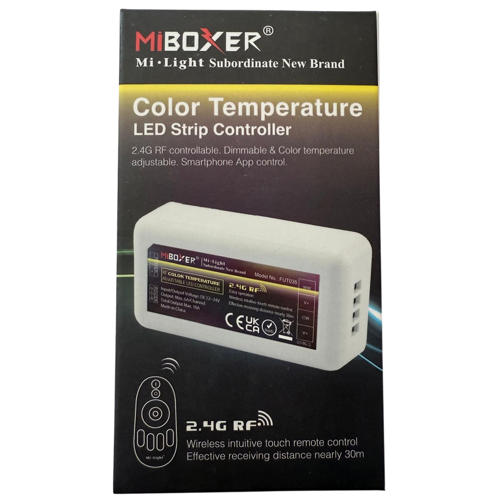MiBoxer FUT035 color temperature LED strip controller retail packaging front view