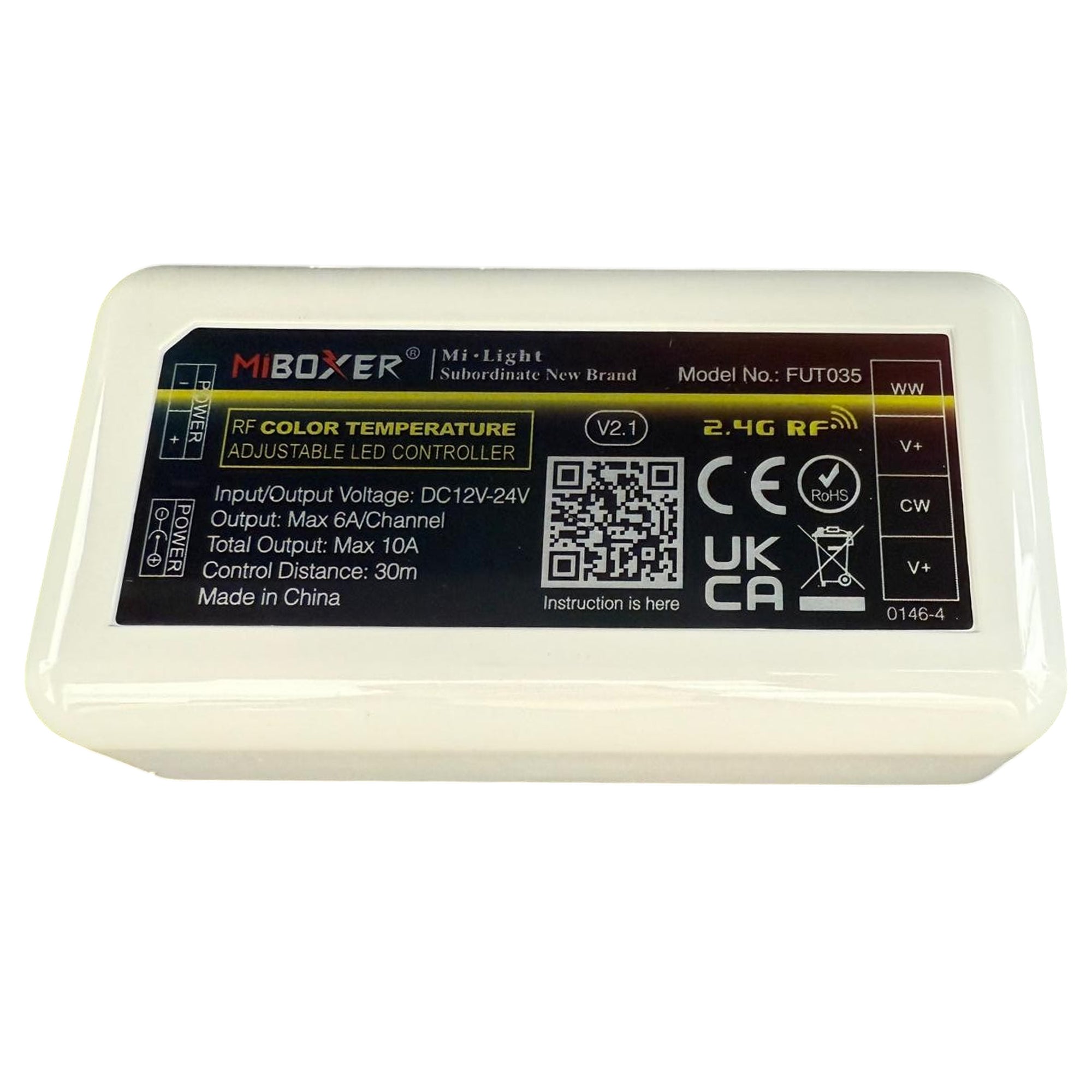 MiBoxer FUT035 RF color temperature LED controller label showing technical specifications