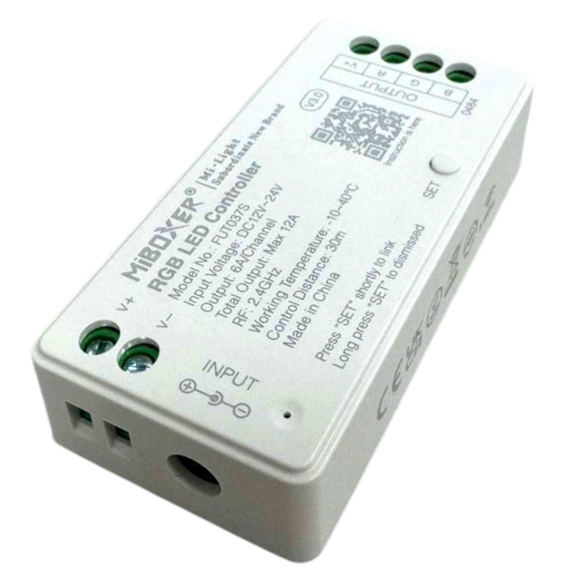 MiBoxer FUT037S RGB LED strip controller angled back view showing power input and wiring diagram