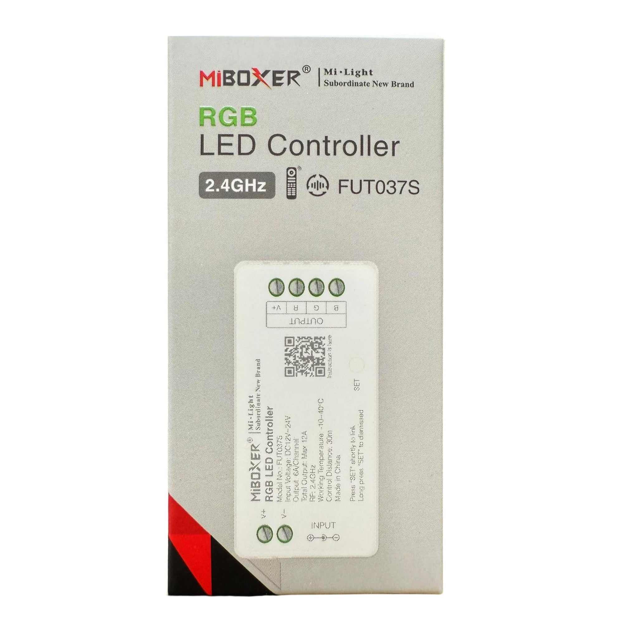 MiBoxer FUT037S RGB LED strip controller retail packaging front view showing 2.4GHz RF compatibility