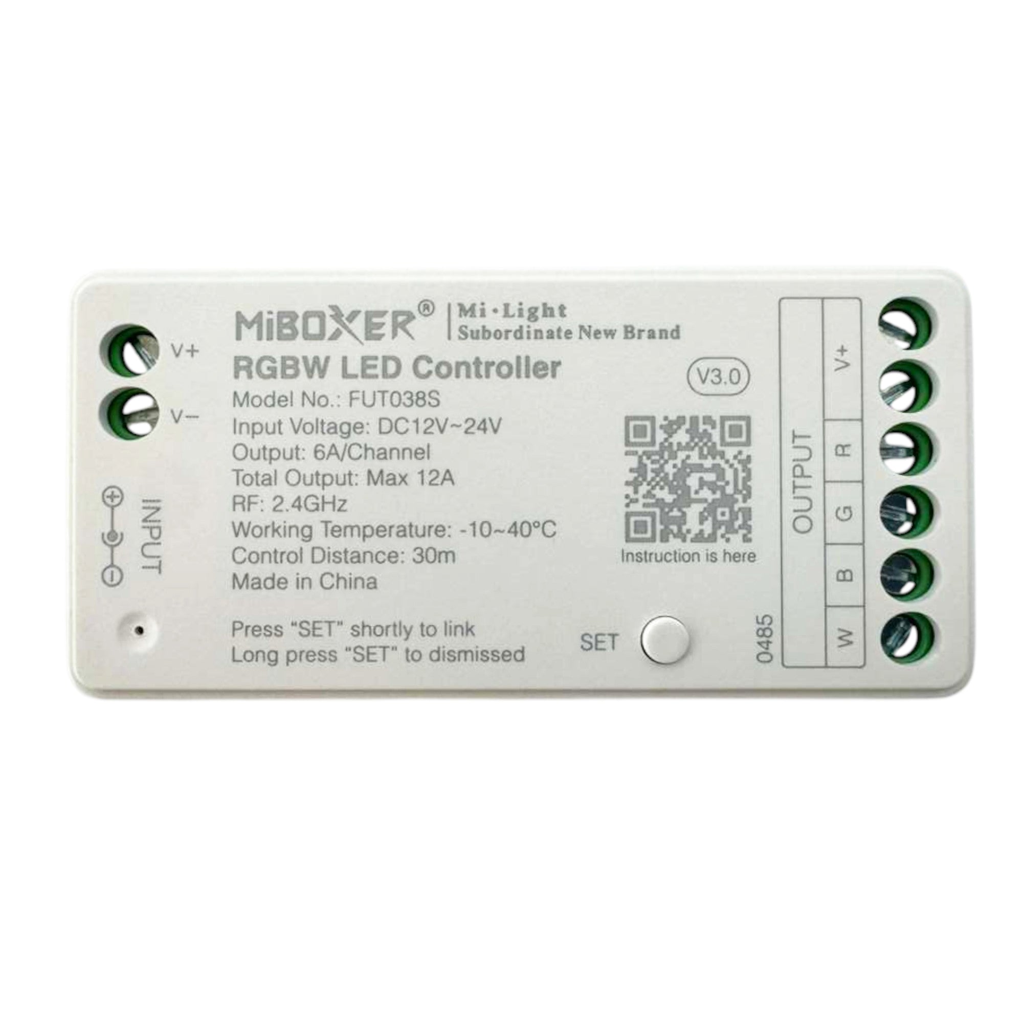 MiBoxer FUT038S RGBW LED strip controller front view showing wiring terminals and technical specifications
