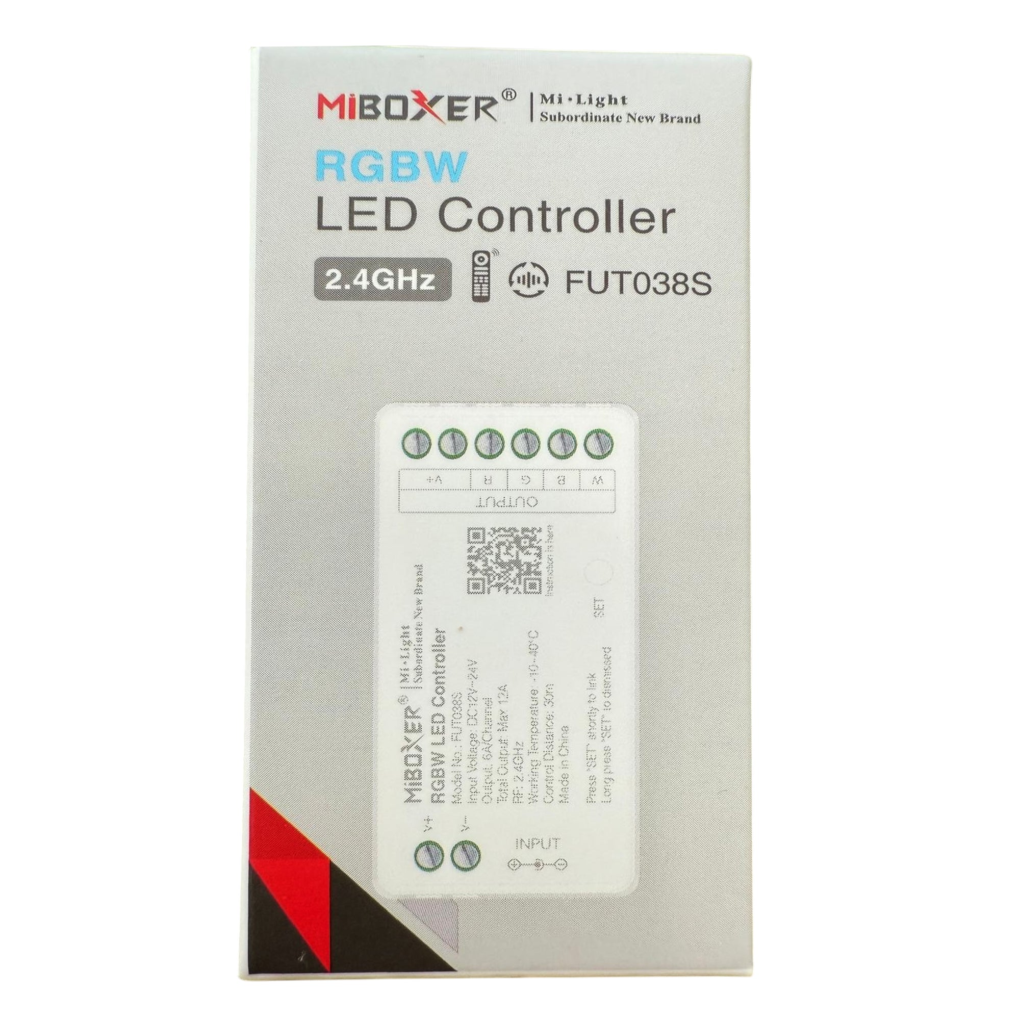 MiBoxer FUT038S RGBW LED strip controller retail packaging showing 2.4GHz wireless control compatibility