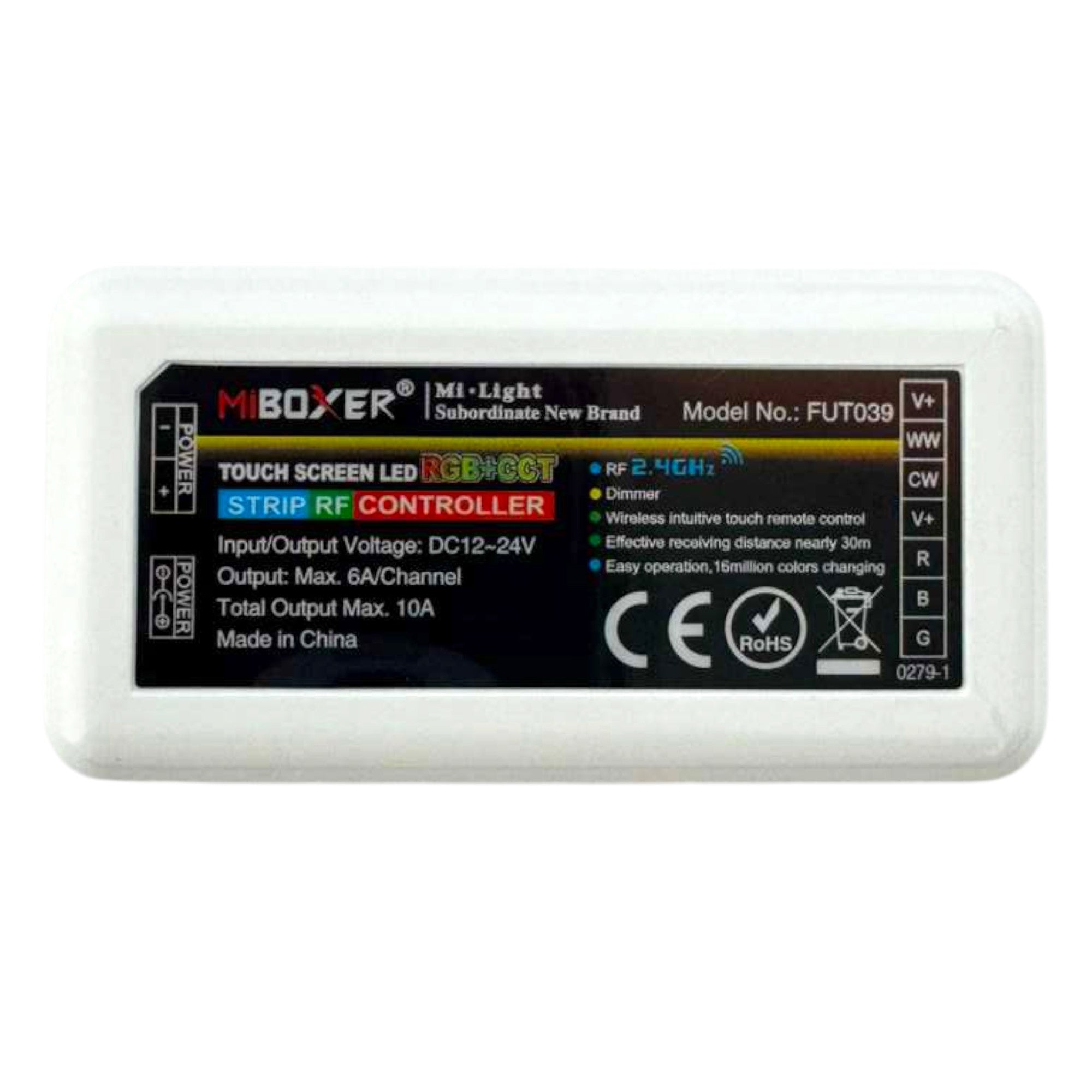 MiBoxer FUT039 RGB+CCT LED strip RF controller label showing specifications and wiring diagram