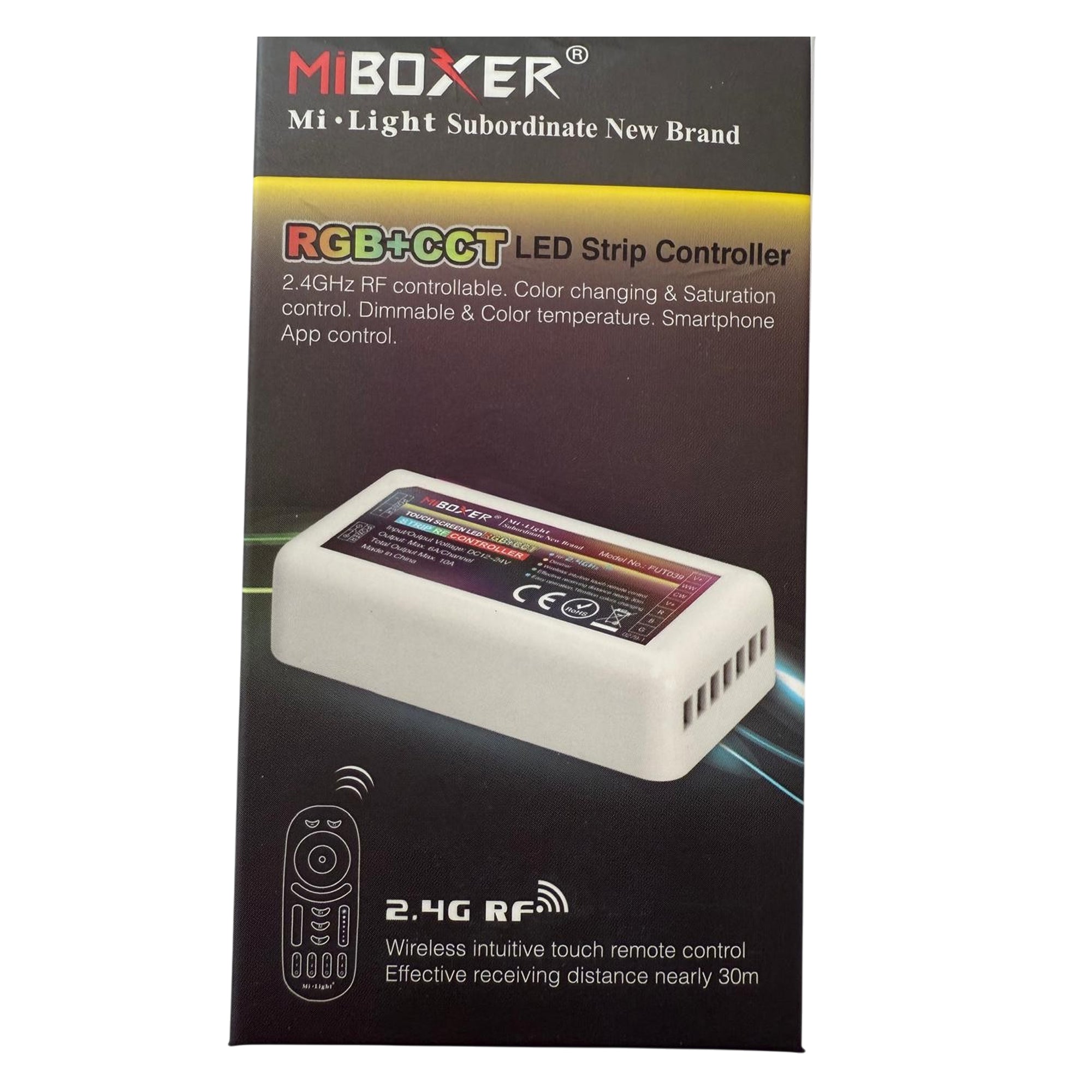 MiBoxer FUT039 RGB CCT LED strip controller retail box front showing 2.4GHz RF control compatibility