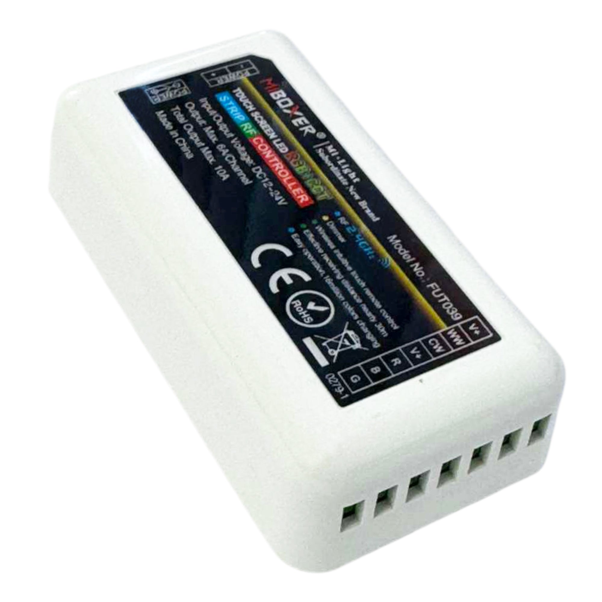 MiBoxer FUT039 RGB CCT LED strip controller side view showing output connection terminals