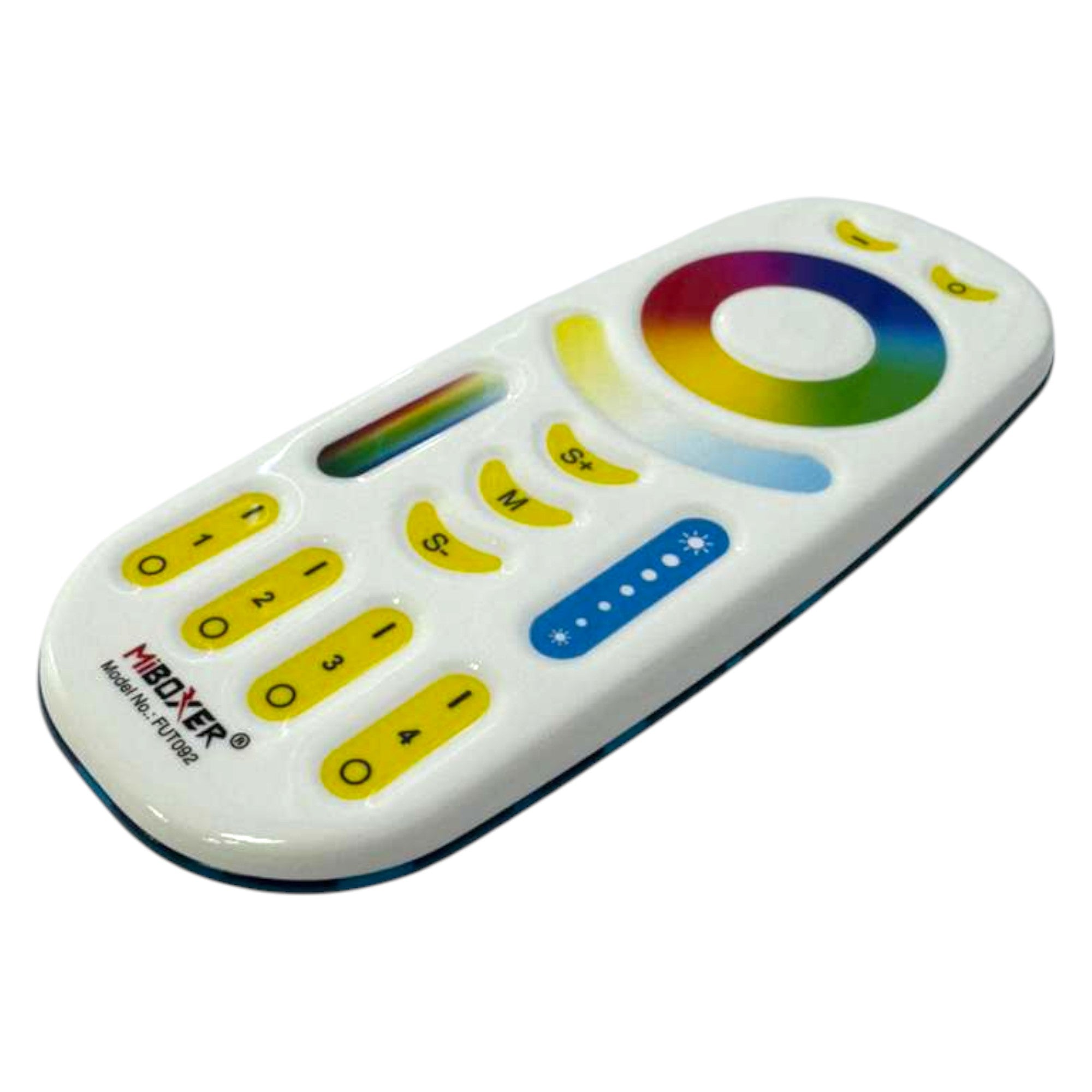 MiBoxer FUT092 RGB+CCT remote control angled view showing color touch wheel and function buttons
