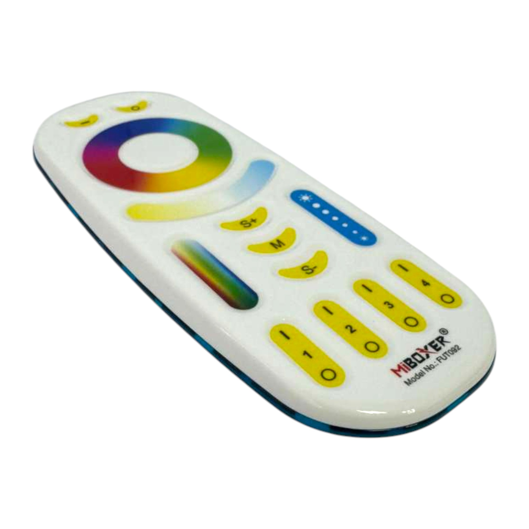 MiBoxer FUT092 RGB+CCT LED remote control perspective view with multi zone controls and brightness adjustment