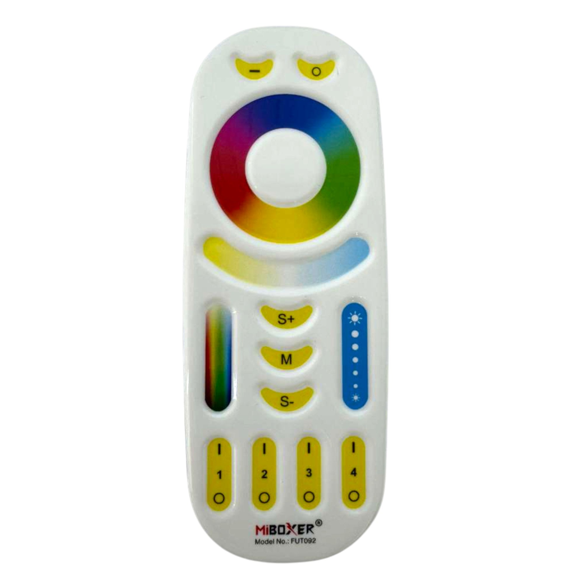 MiBoxer FUT092 RGB+CCT LED remote control front view with color wheel brightness slider and zone buttons