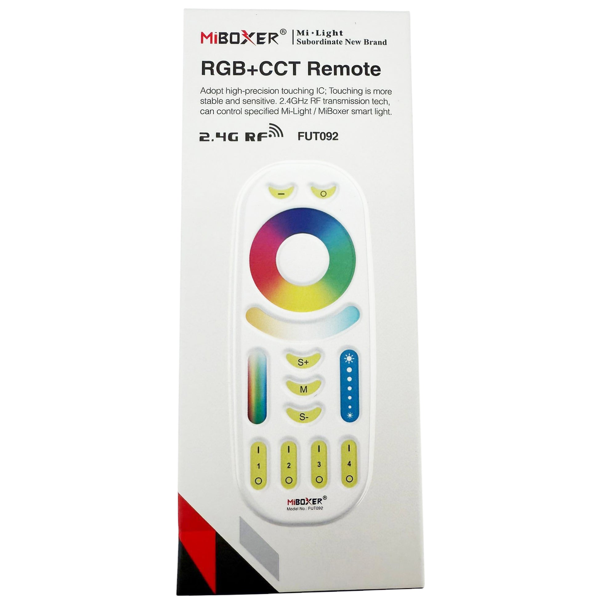 MiBoxer FUT092 RGB+CCT remote control retail packaging showing 2.4GHz RF wireless control features