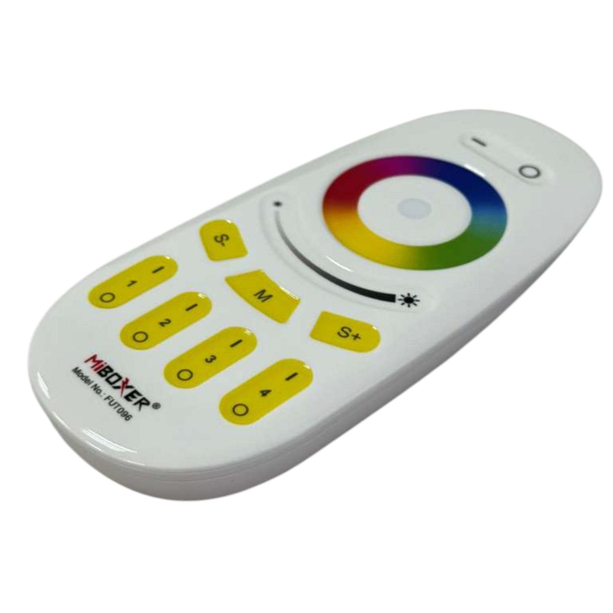 Miboxer FUT096 RGBW wireless LED remote control angled view showing color wheel and brightness controls