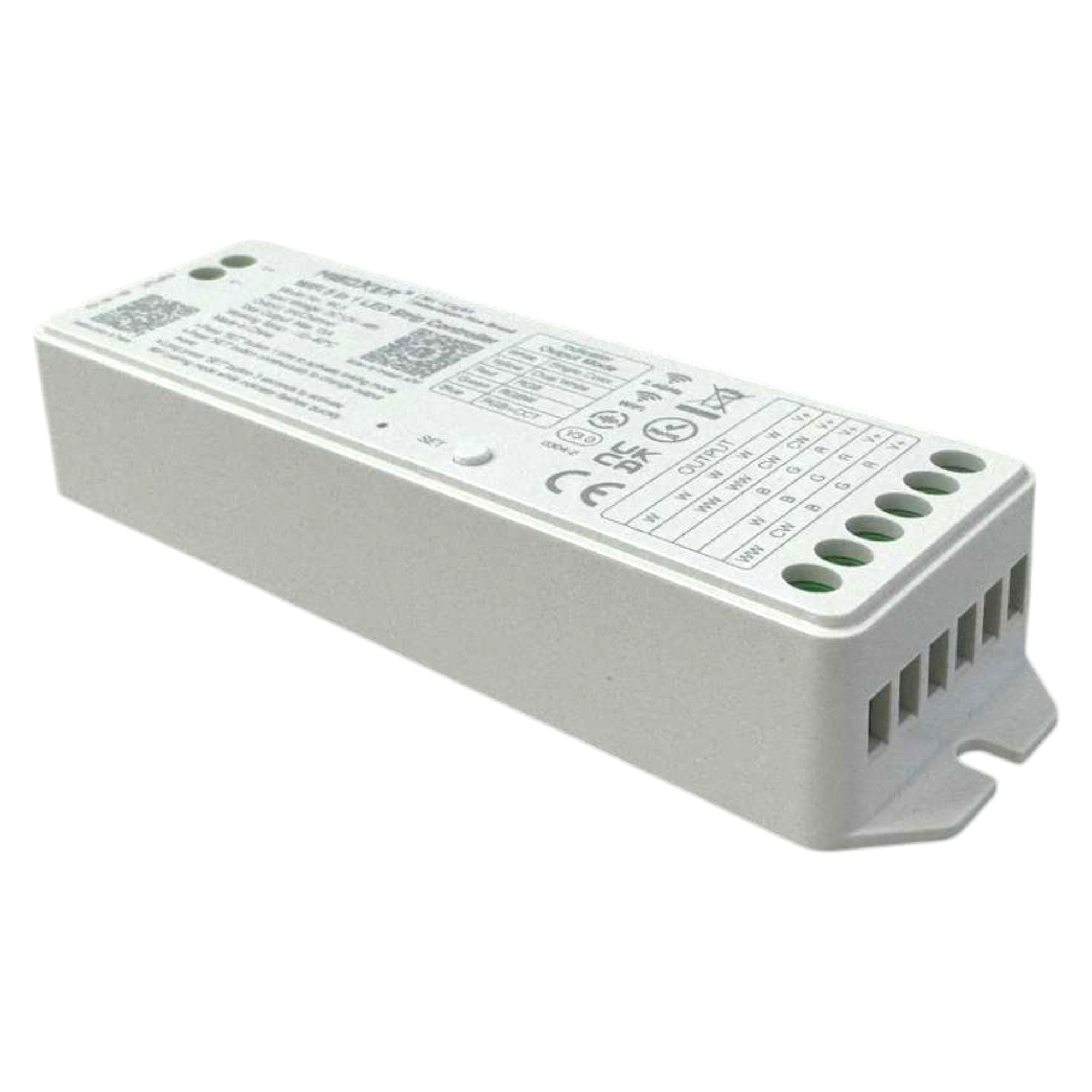 MiBoxer WL5 WiFi 5 in 1 LED strip controller angled back view showing power input and wiring diagram