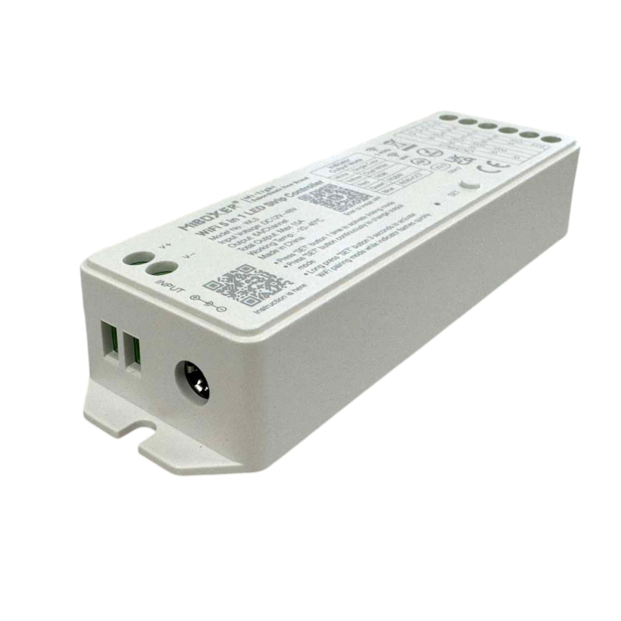 MiBoxer WL5 WiFi 5 in 1 LED strip controller front view showing specifications and connection terminals