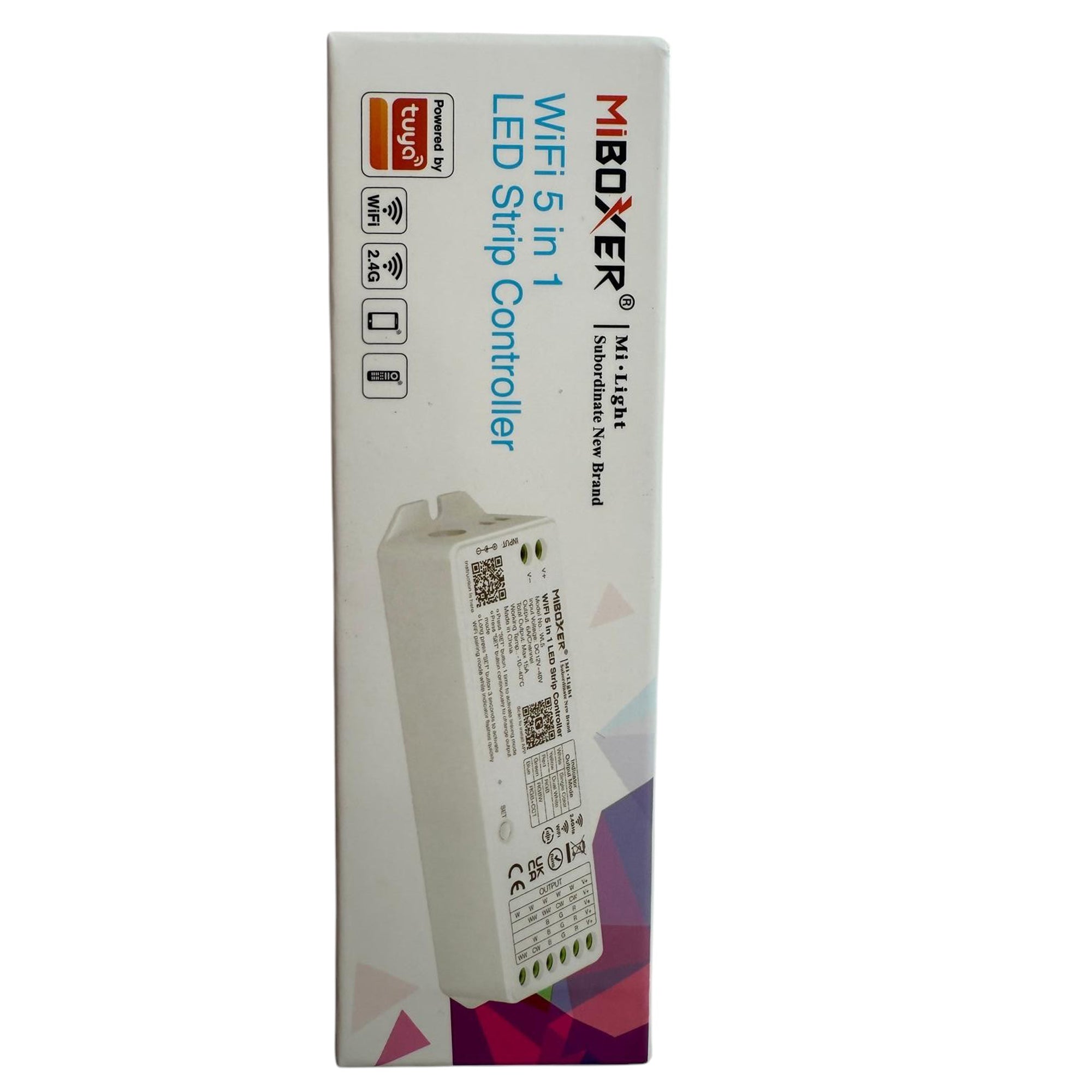 MiBoxer WL5 WiFi 5 in 1 LED strip controller retail packaging showing Tuya WiFi compatibility