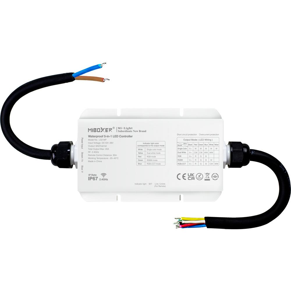 MiBoxer WL5-WP IP67 waterproof LED controller showing product specifications and connection details