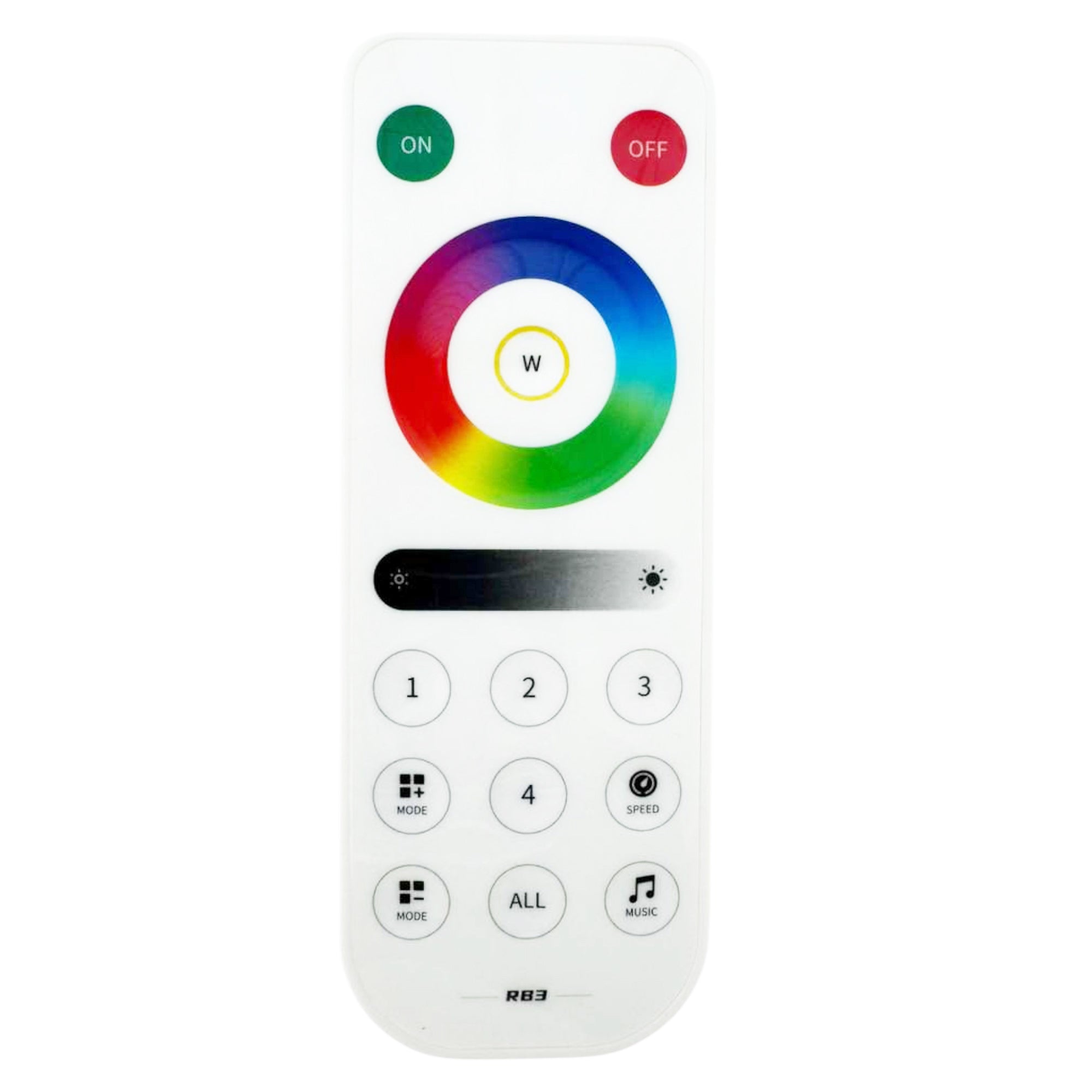 RB3 RGB LED strip remote control front view with touch color wheel brightness slider and control buttons