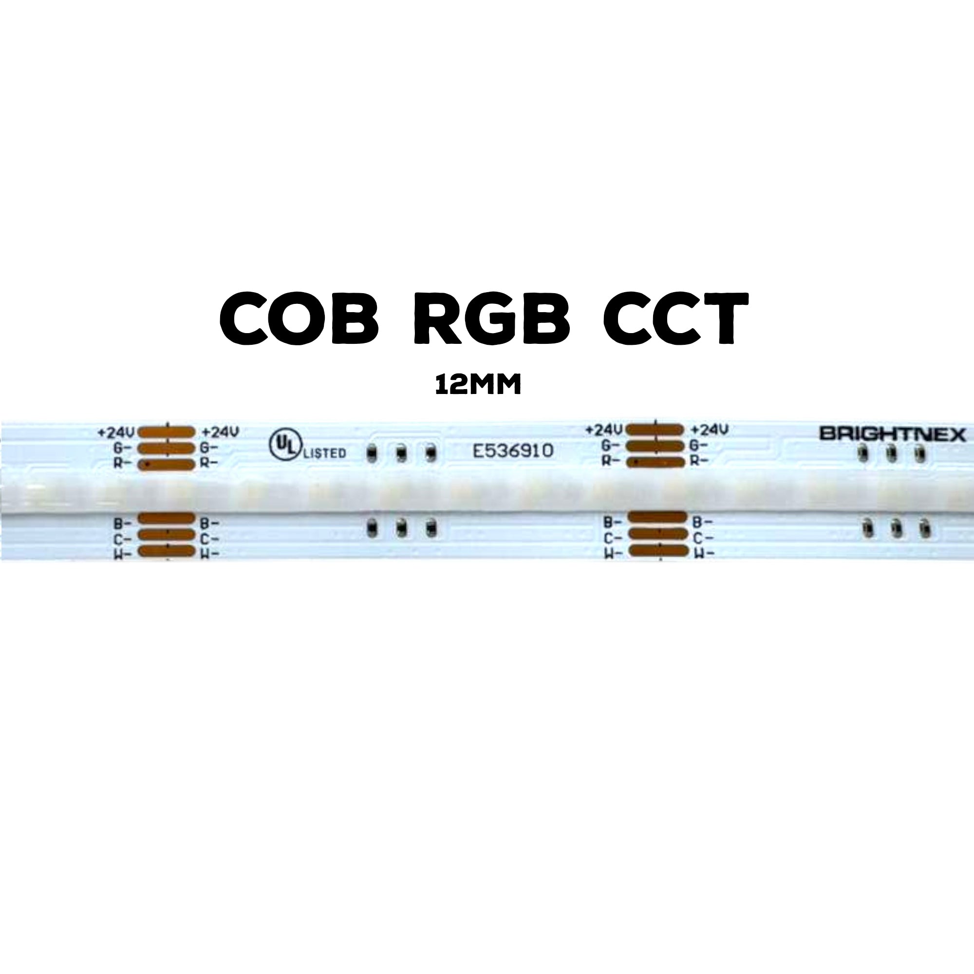 RGB CCT 24V 12mm COB LED strip light showing 840 LEDs per meter UL listed indoor strip design