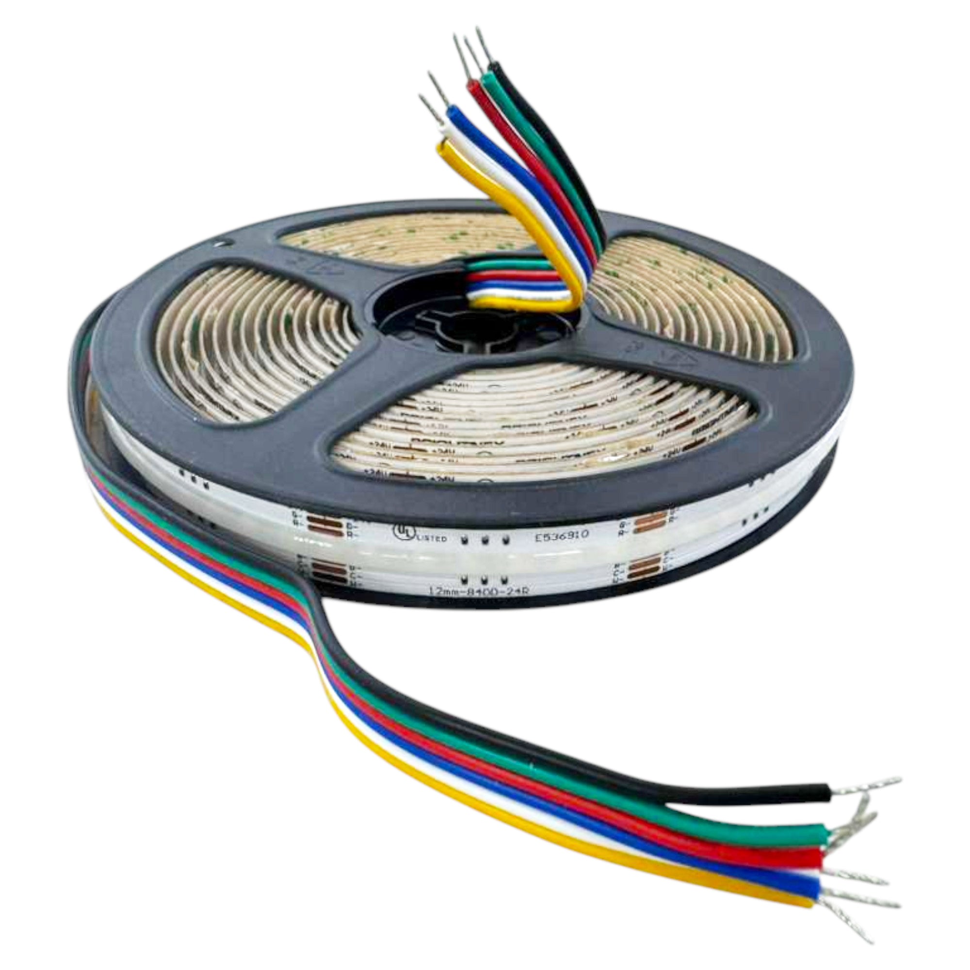 RGB CCT 24V 12mm COB LED strip light on reel with RGB and CCT control wires UL listed indoor LED strip