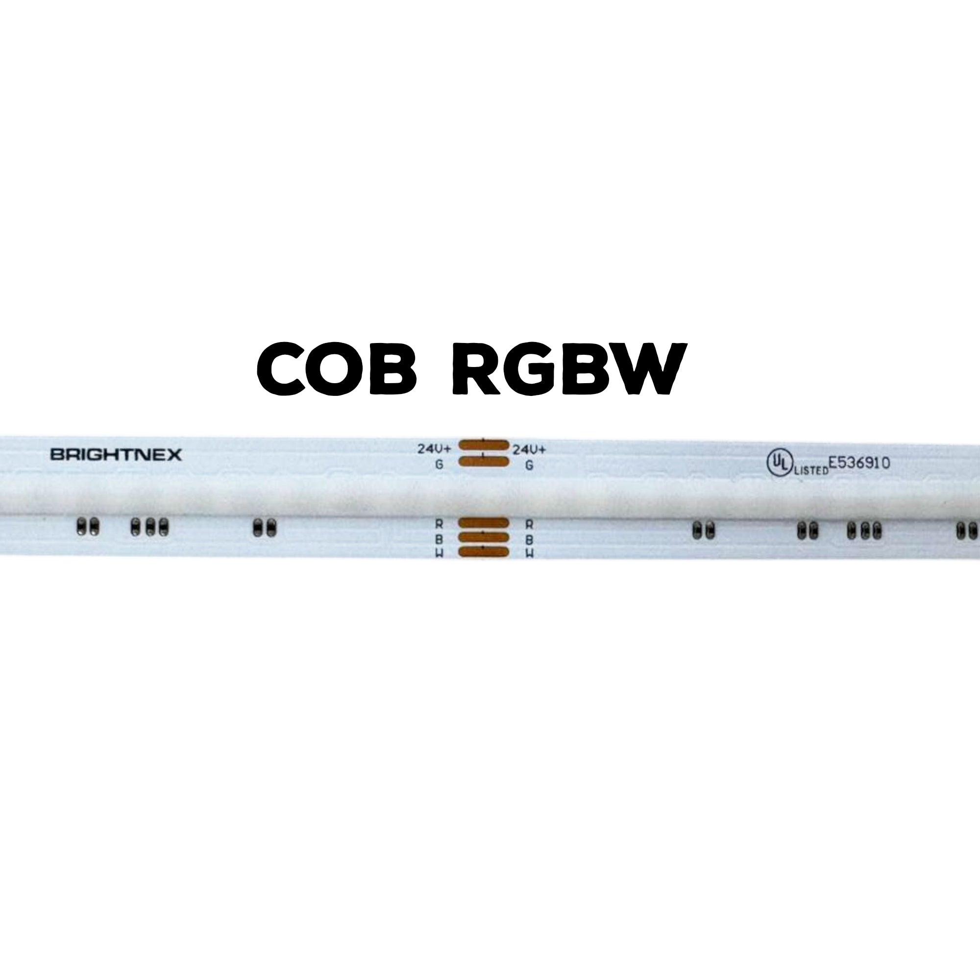 RGBW 24V 12mm indoor COB LED strip light showing RGBW solder pads UL listing and indoor LED strip construction