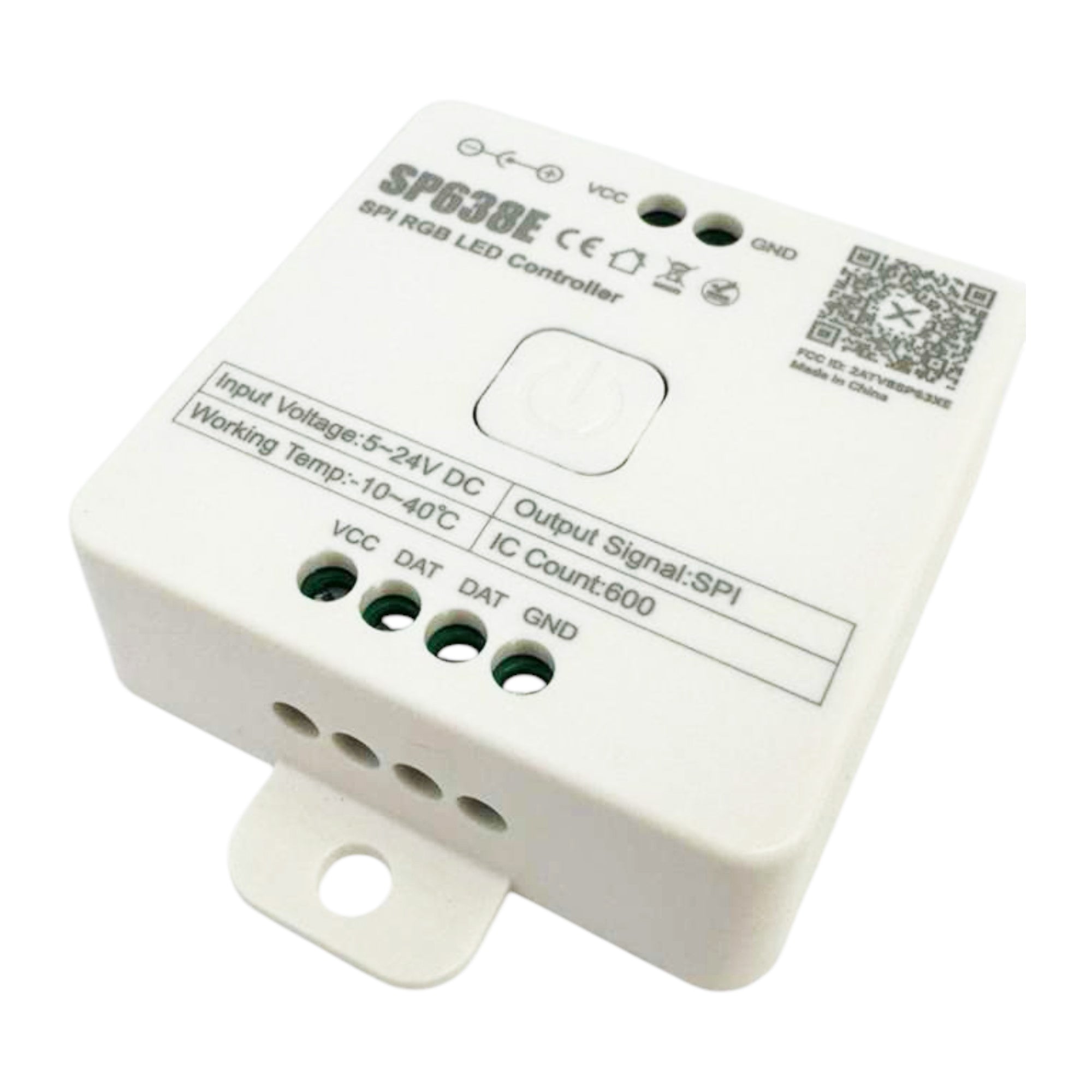 SP638E SPI RGB LED controller angled view showing input voltage ports and mounting bracket
