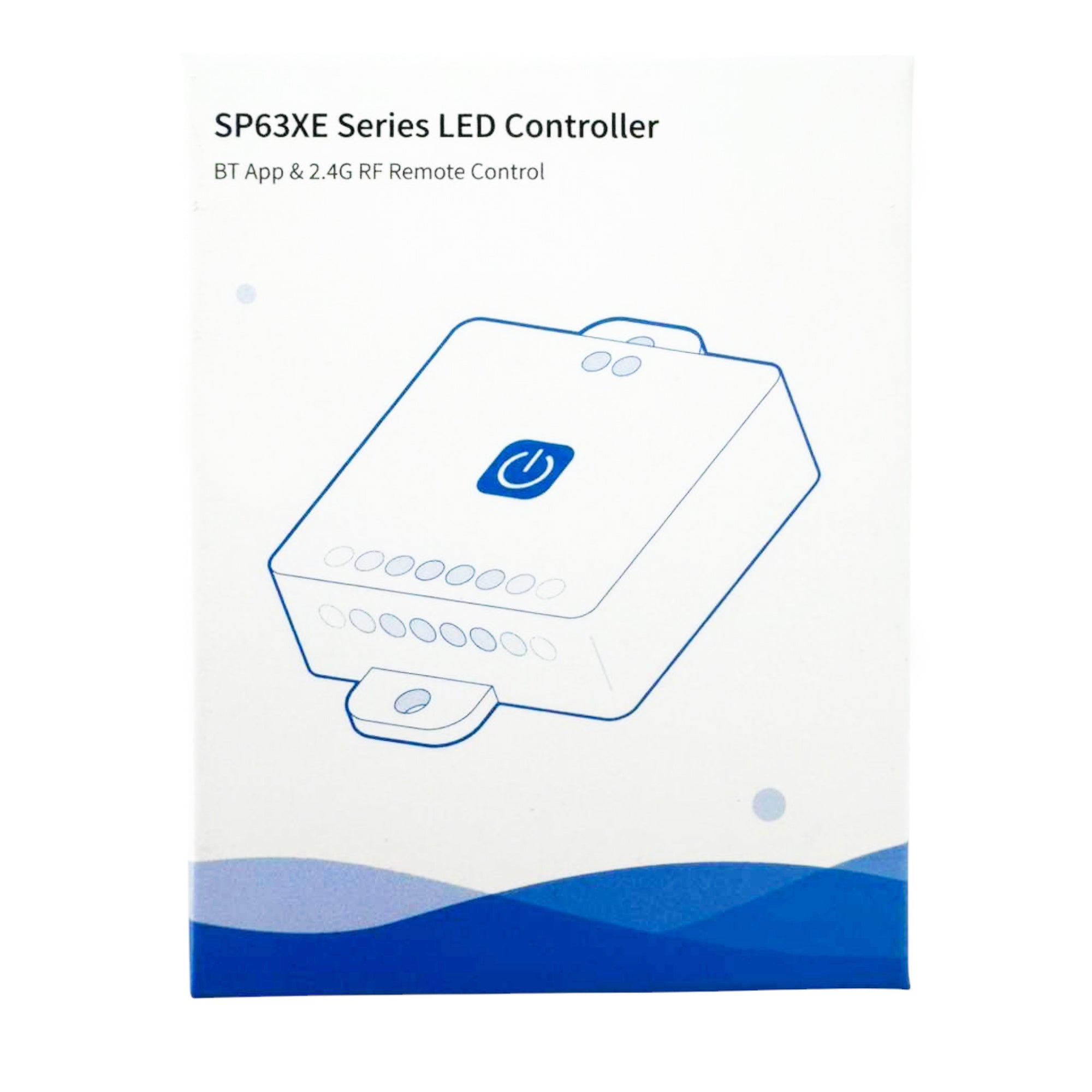 SP638E SPI RGB LED controller retail packaging showing SP63XE series and app control support