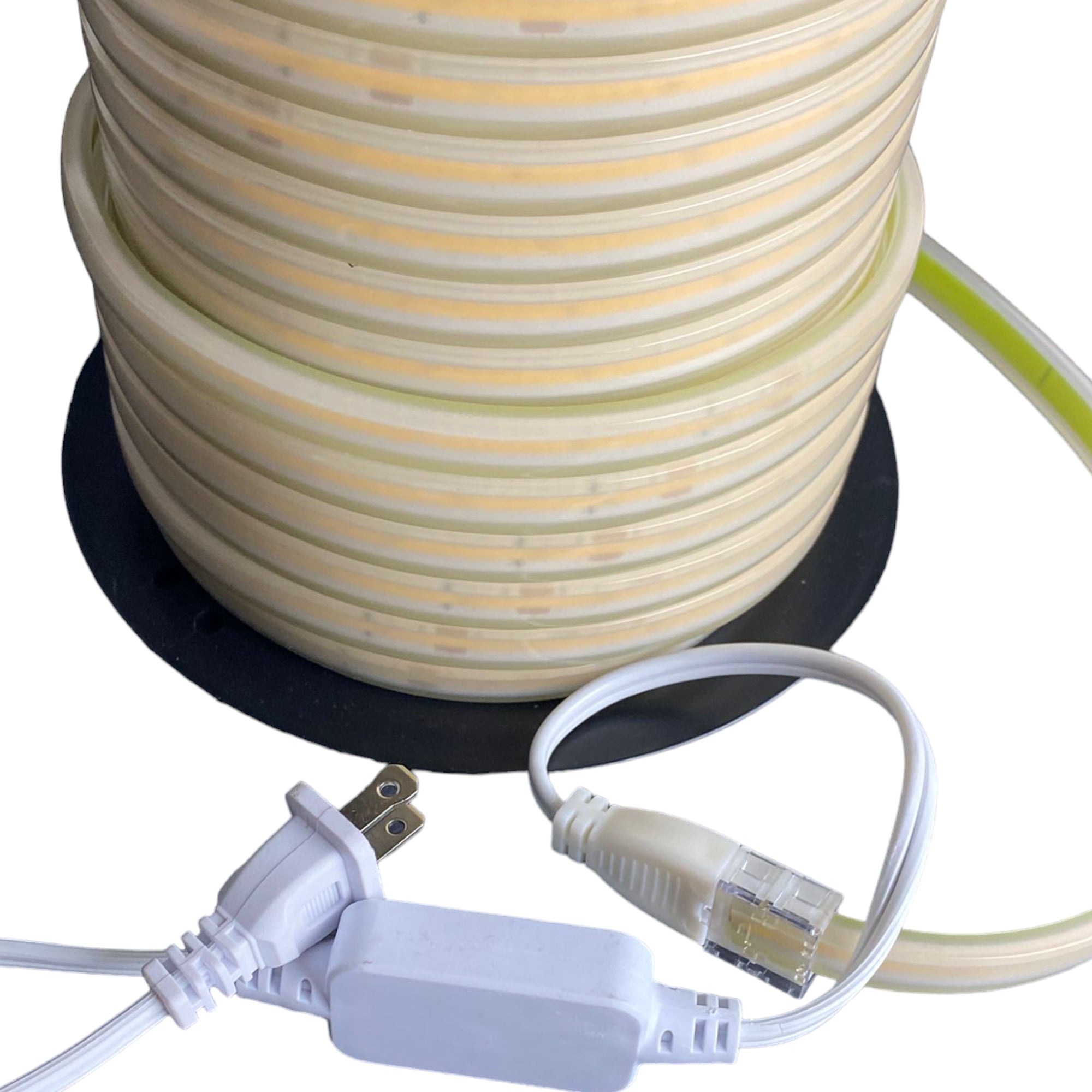 UL listed 110V COB LED strip light outdoor IP65 showing power plug rectifier connector and waterproof strip connection