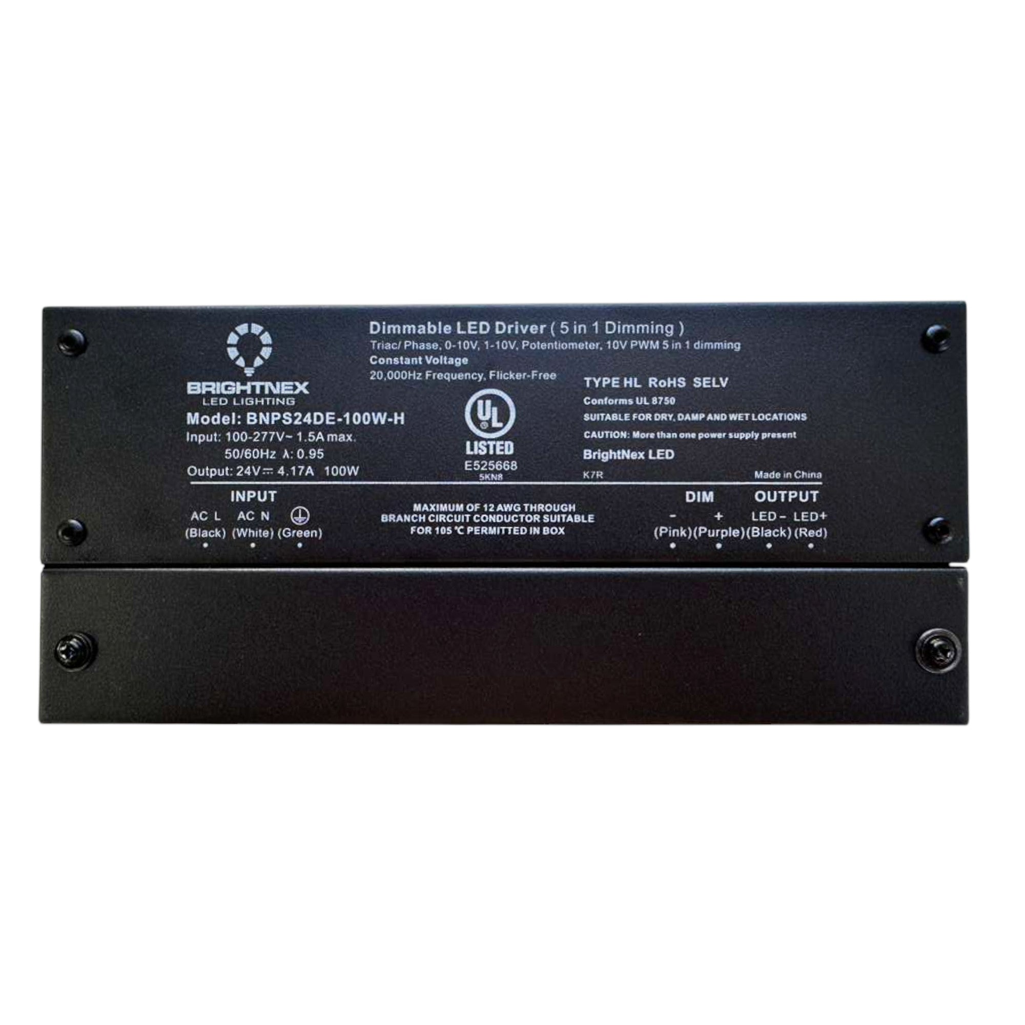 UL listed 12V 24V 100W dimmable LED driver specifications label