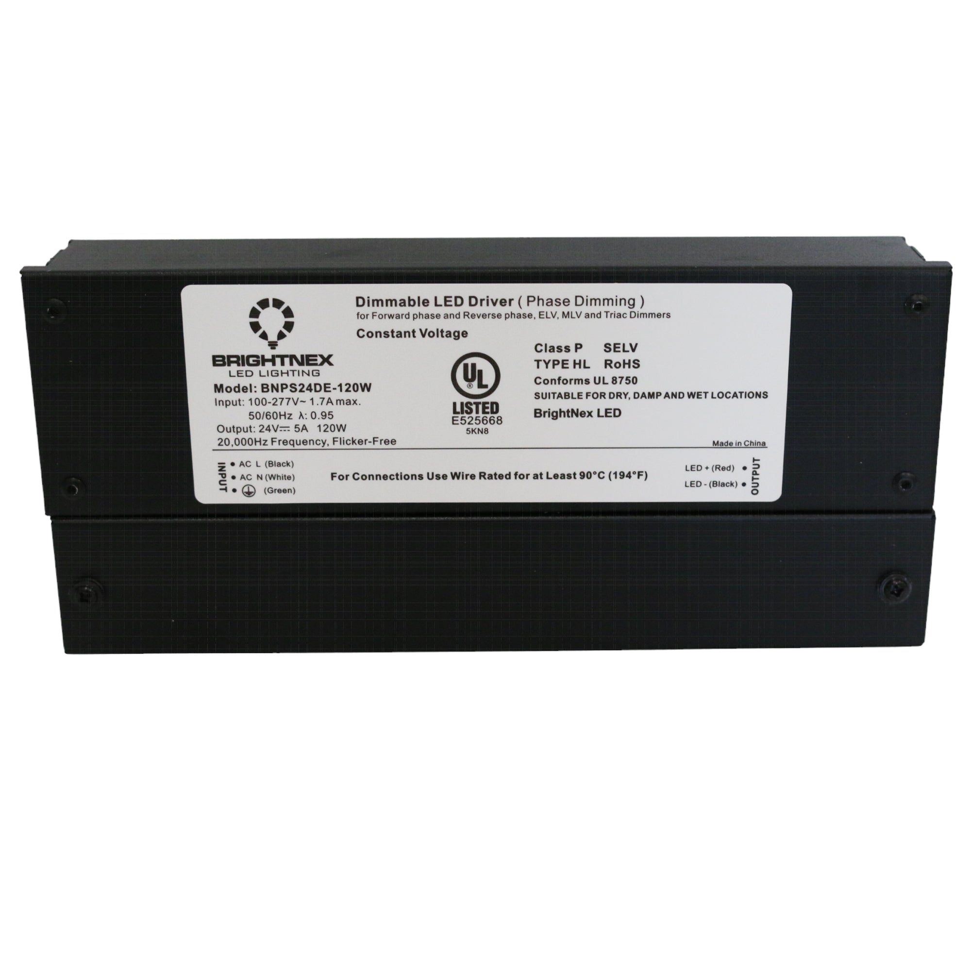 UL listed 12V 24V 120W IP65 dimmable LED driver showing Brightnex electrical specification label and certification marks