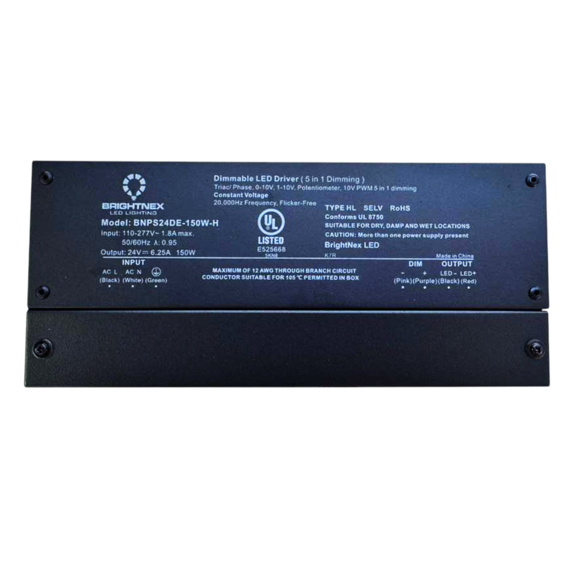 UL listed 12V 24V 150W dimmable LED driver specifications label