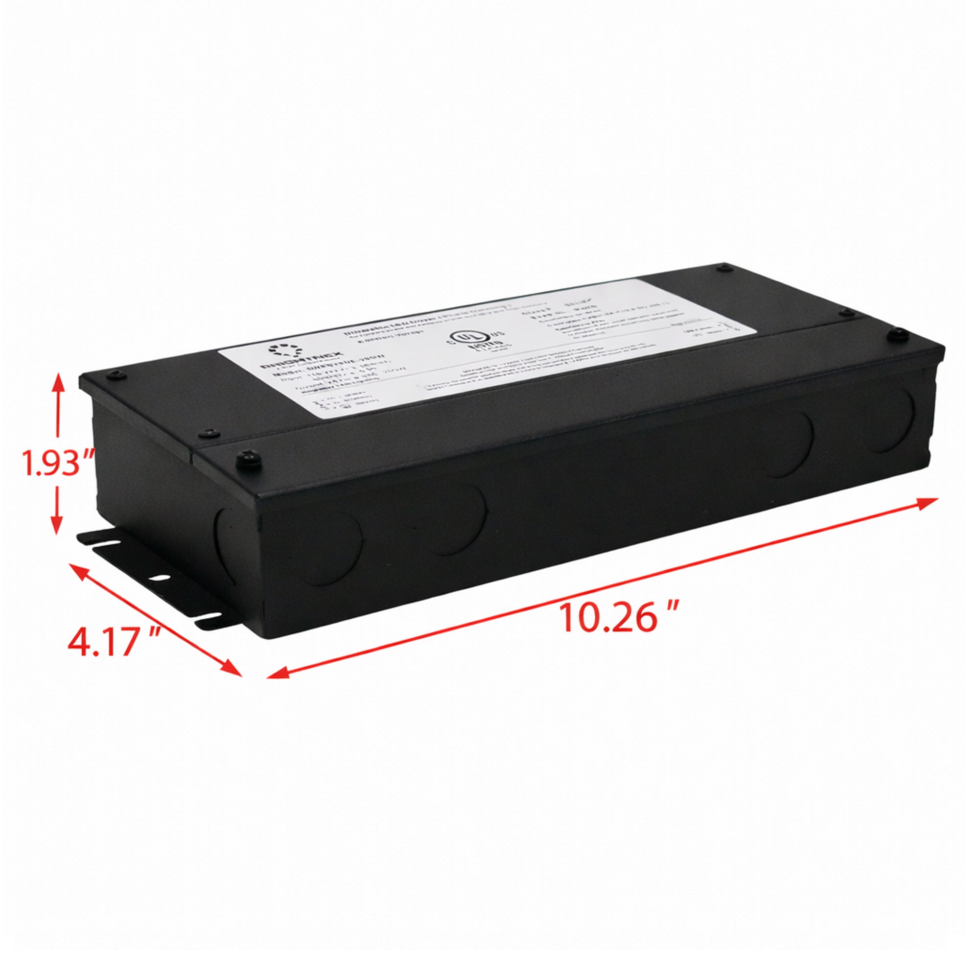 UL listed 12V 24V 150W dimmable LED driver metal junction box showing product dimensions