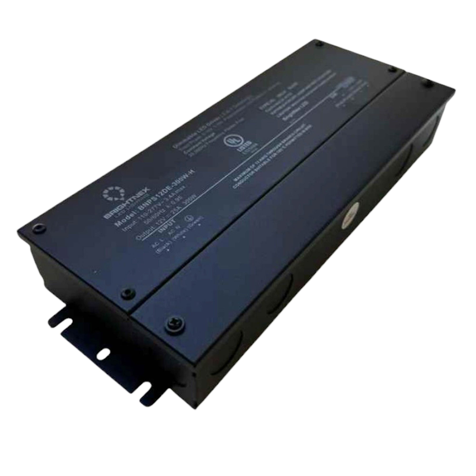 UL listed 12V 24V 300W dimmable LED driver metal junction box angle view with mounting tabs