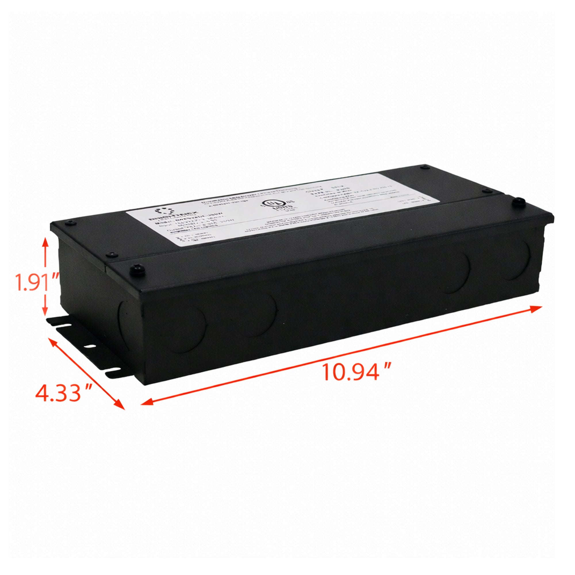 UL listed 12V 24V 300W dimmable LED driver metal junction box showing product dimensions
