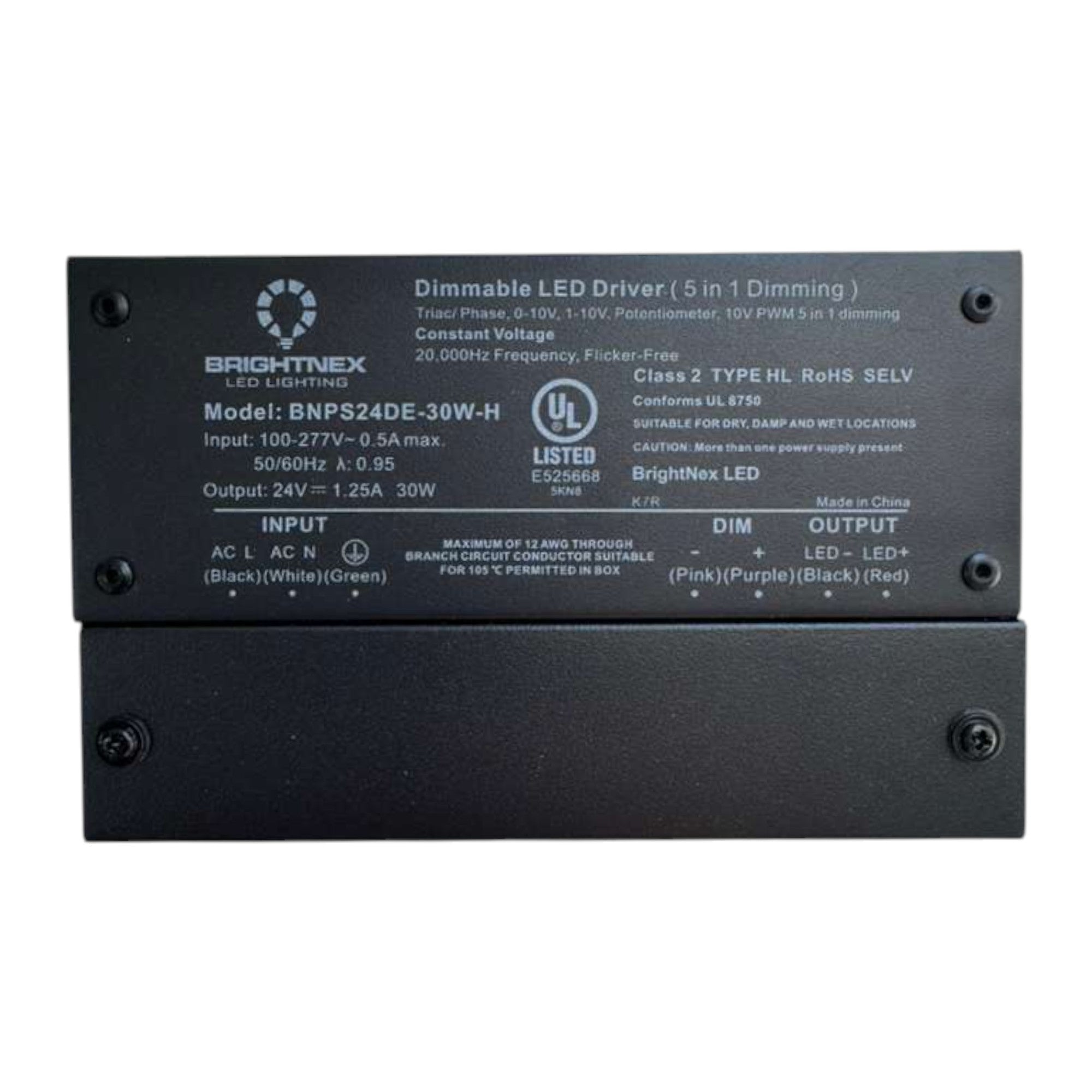 UL listed 12V 24V 30W dimmable LED driver specifications label