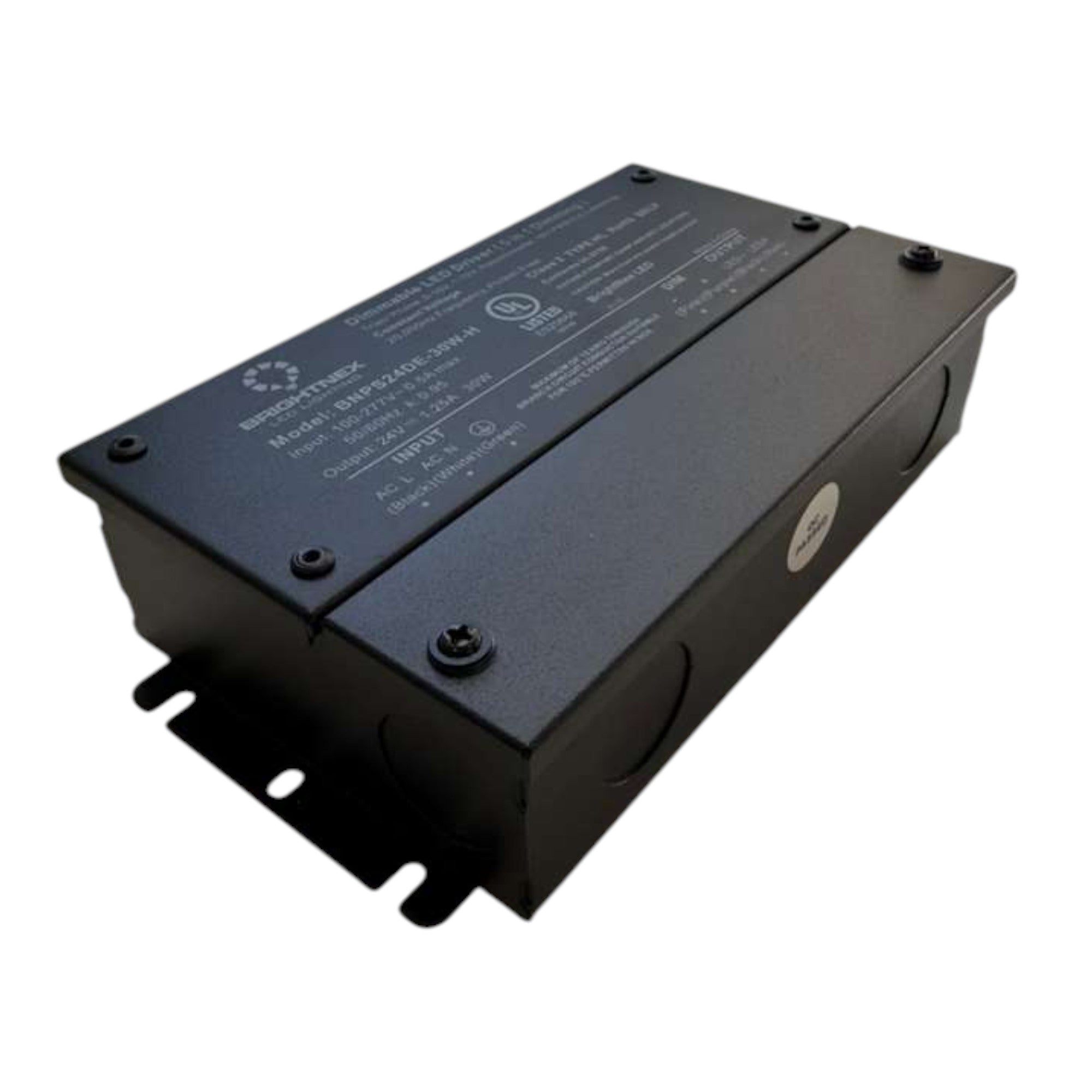 UL listed 12V 24V 30W dimmable LED driver metal junction box angle view with mounting tabs