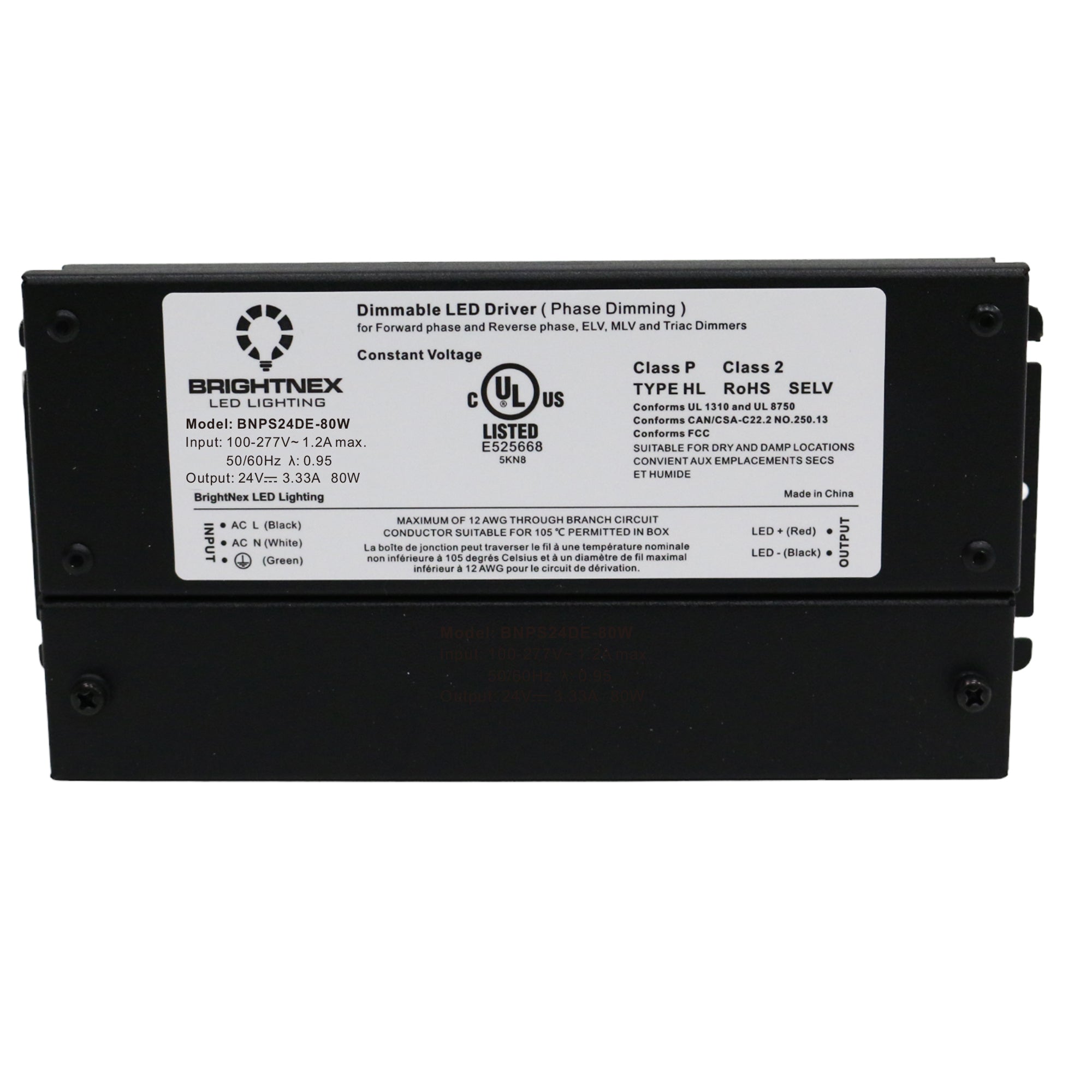 UL listed 12V 24V 80W IP65 dimmable LED driver showing Brightnex electrical specification label and certification marks
