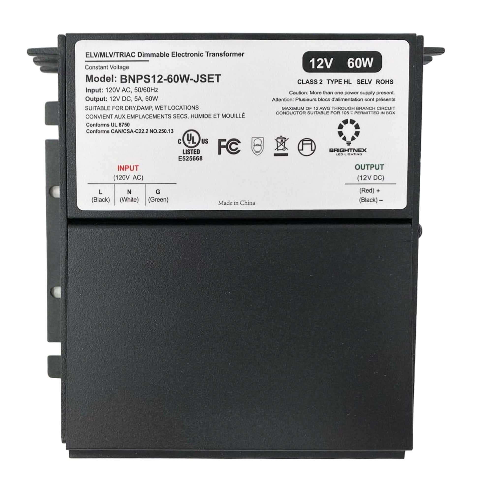 Brightnex UL listed 12V 60W dimmable LED driver BNPS24-60W-JSET showing electrical ratings certifications and constant voltage output specifications