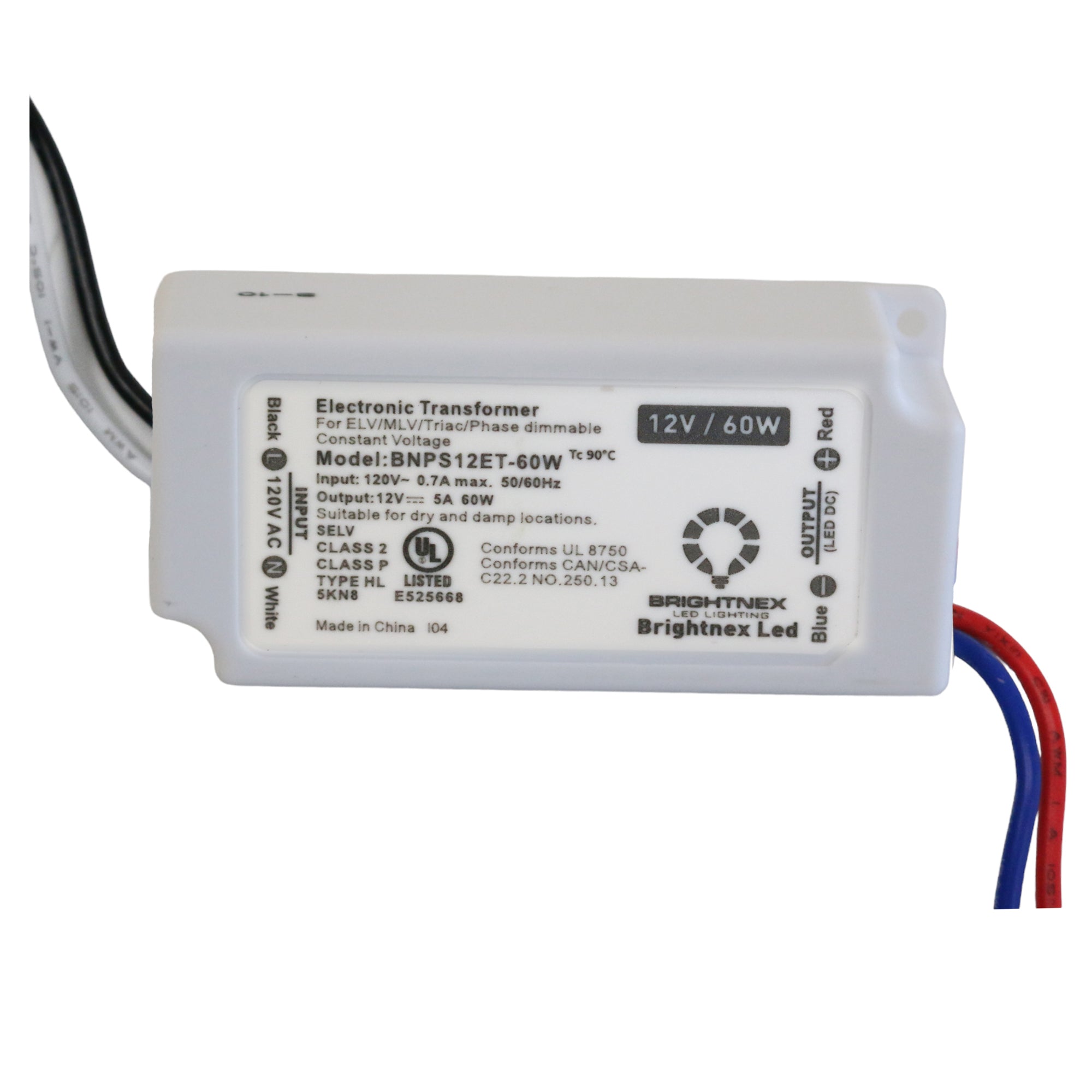 UL listed 12V 60W constant voltage dimmable LED driver showing input 120VAC and 24VDC output rating label