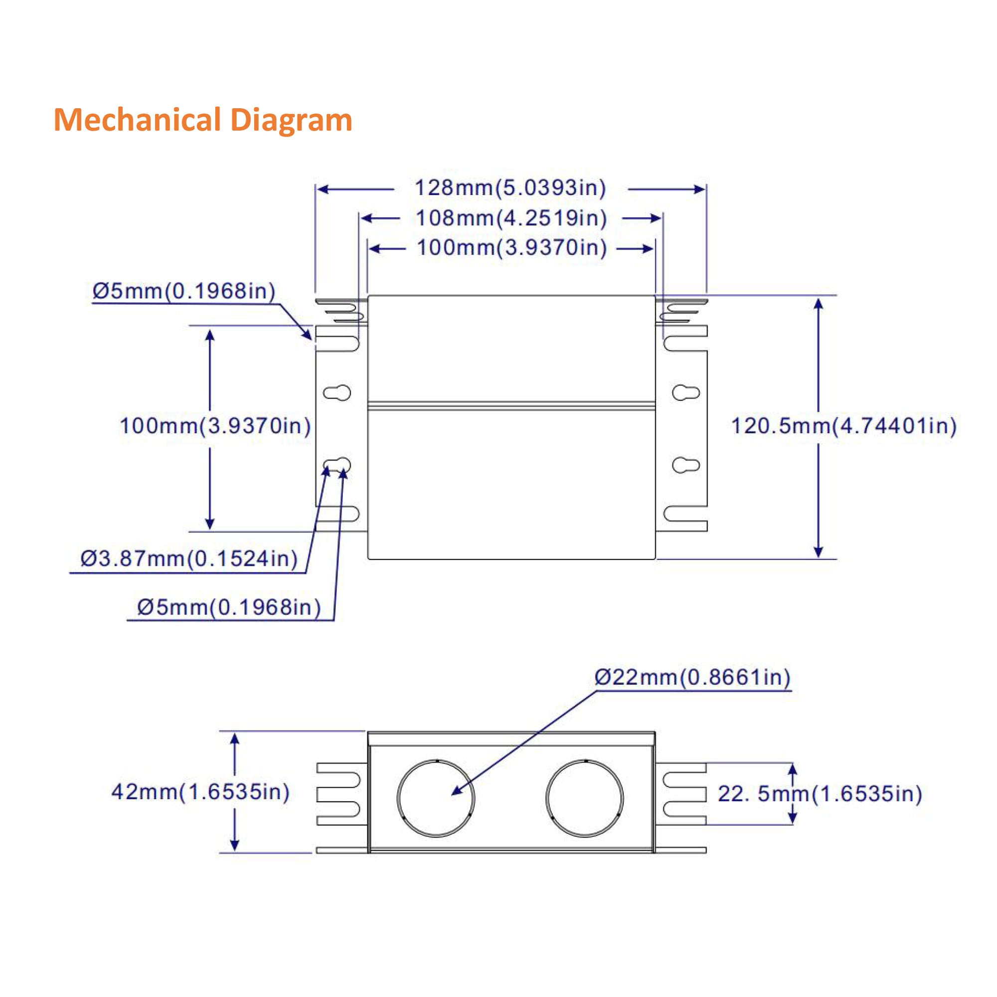 UL listed 12V 60W dimmable LED driver mechanical drawing showing enclosure dimensions mounting brackets and conduit entry sizes