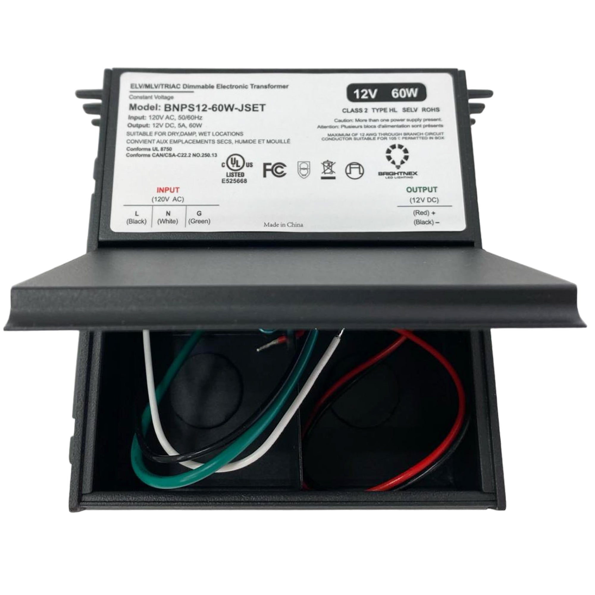 UL listed 12V 60W dimmable LED driver open metal junction box showing separated compartments for AC input wiring and DC output wiring