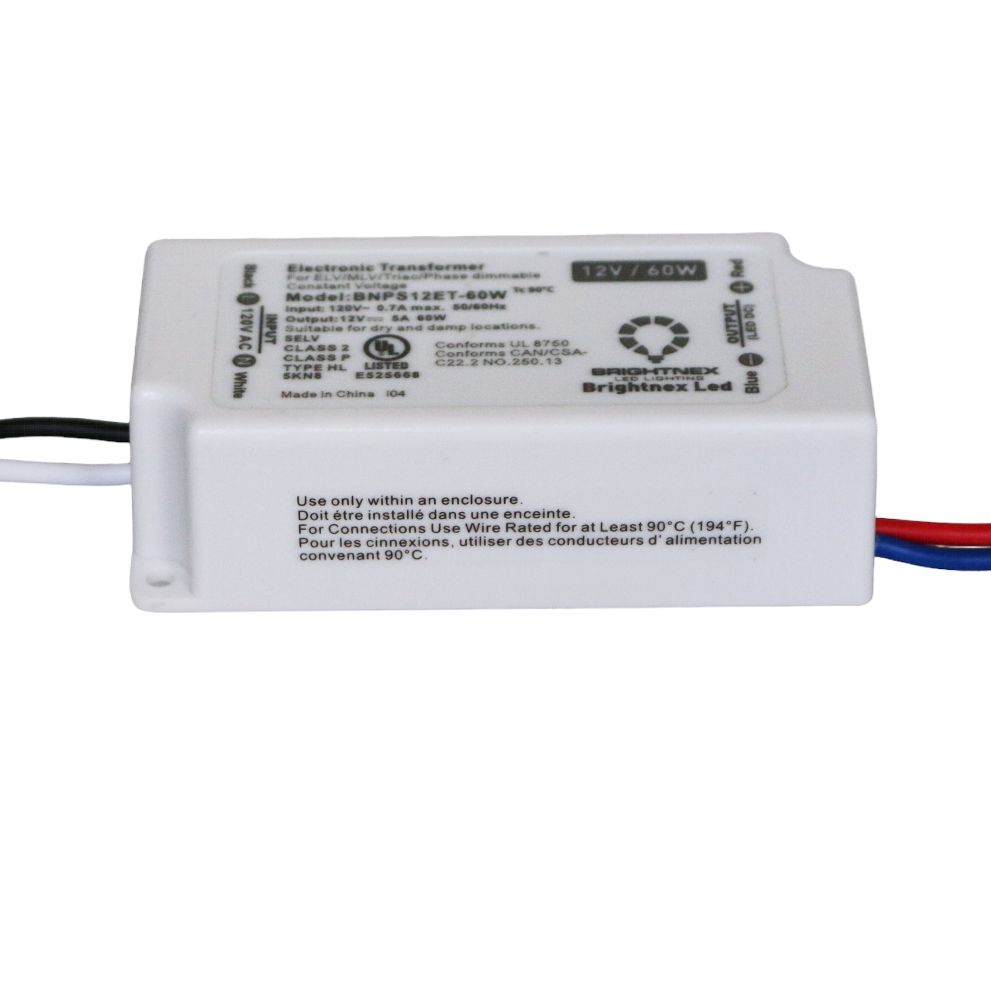 UL listed 12V 60W dimmable LED driver showing Brightnex electrical specifications model BNPS24ET 96W and certification markings