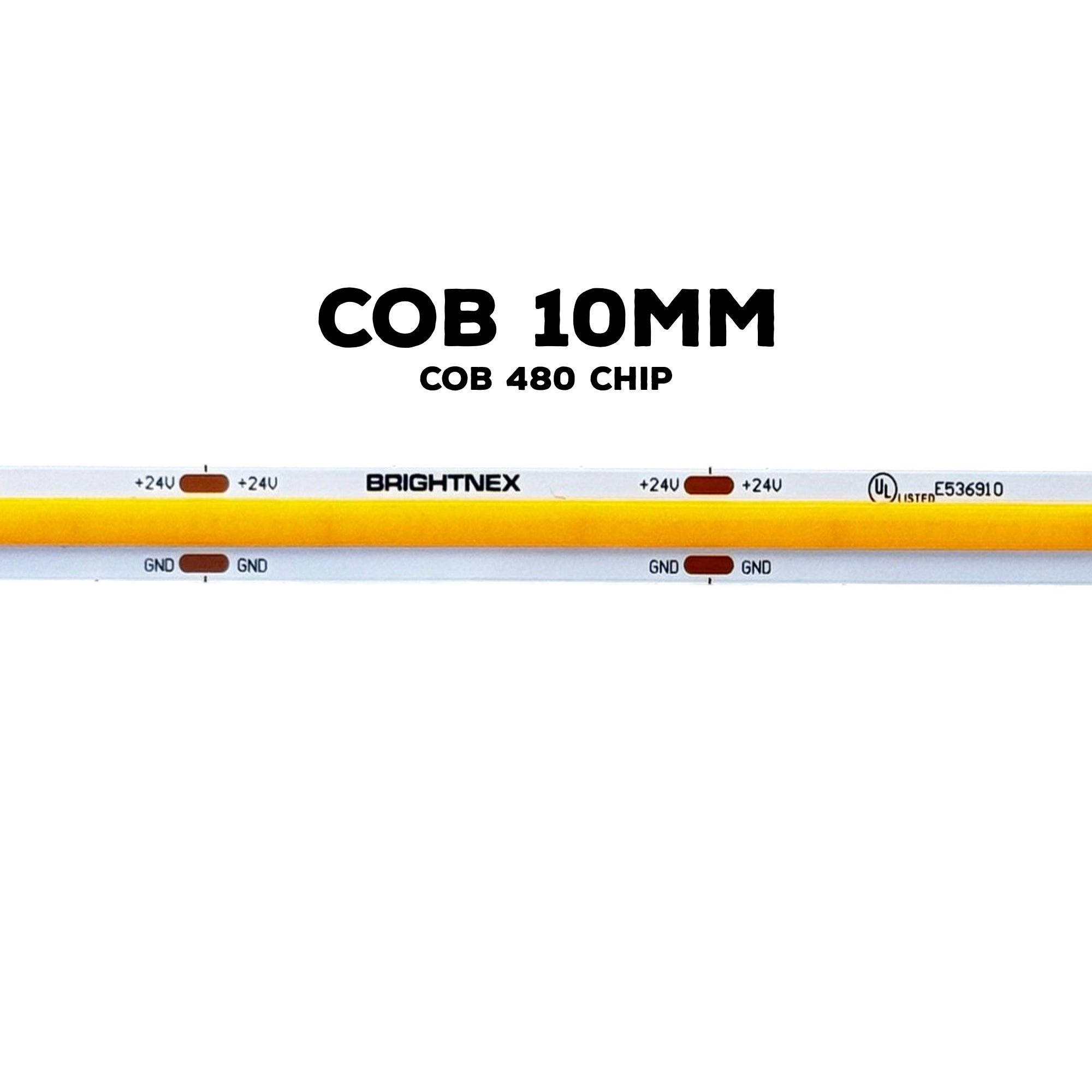 UL listed 24V 10mm COB LED strip light showing COB 480 chip indoor LED strip construction
