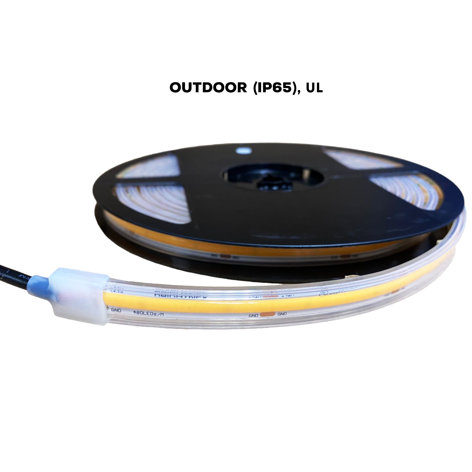 UL listed 24V 10mm COB LED strip light outdoor IP65 on reel with waterproof power connector for outdoor installation