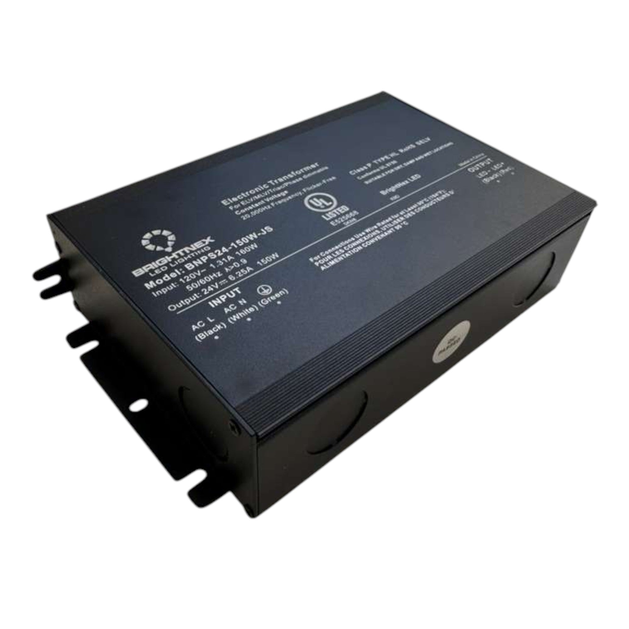 UL listed 24V 150W dimmable LED driver metal enclosure showing wiring knockouts and mounting brackets junction box design