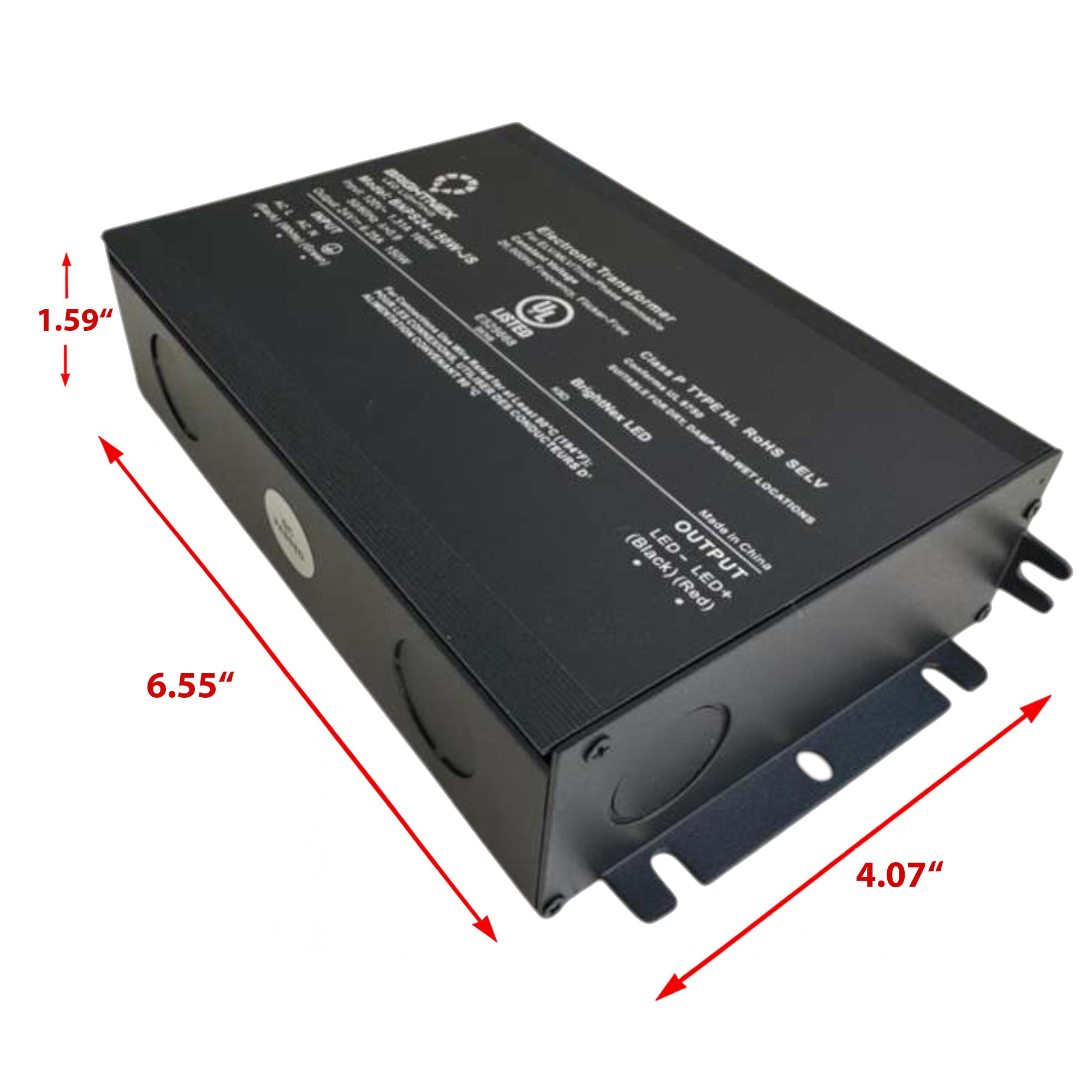 UL listed 24V 150W dimmable LED driver metal junction box showing product dimensions